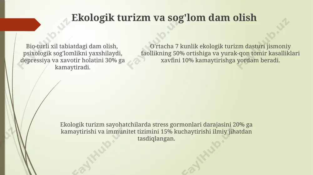 imini mustahkamlash uchun kuniga kamida 5 xil meva va sabzavot iste'mol qilish, yuqumli kasalliklarga chalinish ehtimolini sezilarli darajada pasaytiradi. immunitet tizimini mustahkamlash uchun kuniga kamida 5 xil meva va sabzavot iste'mol qilish, yuqumli kasalliklarga chalinish ehtimolini sezilarli darajada pasaytiradi. suvning ahamiyati va uning sifati toza suv manbalaridan foydalanish, suvni qaynatish yoki filtrlash orqali suvning mikrobiologik ifloslanishidan himoyalanish, ichak infektsiyalari xavfini 80% ga kamaytiradi. sogʻlom turmush tarzida suvning ahamiyati kunlik 2 litr suv iste'mol qilish orqali organizmni toksinlardan tozalash, metabolizmni yaxshilash va umumiy sogʻliqni saqlashga yordam beradi. suvning sifati inson salomatligiga bevosita ta'sir qiladi; xlor miqdori yuqori boʻlgan suv terining qurishiga, 5 mg/l dan yuqori boʻlgan nitratlar esa sogʻliqqa salbiy ta'sir koʻrsatishi mumkin. tabiiy resurslardan oqilona foydalanish qayta ishlash zavodlarining sonini 2 barobar oshirish orqali chiqindi miqdorini sezilarli darajada kamaytirib, atrof-muhit ifloslanishini oldini olish mumkin. tabiiy resurslardan, masalan, suvni 70% ga tejashga qaratilgan samarali texnologiyalarni qo'llash ekologik muvozanatni saqlashga yordam beradi …