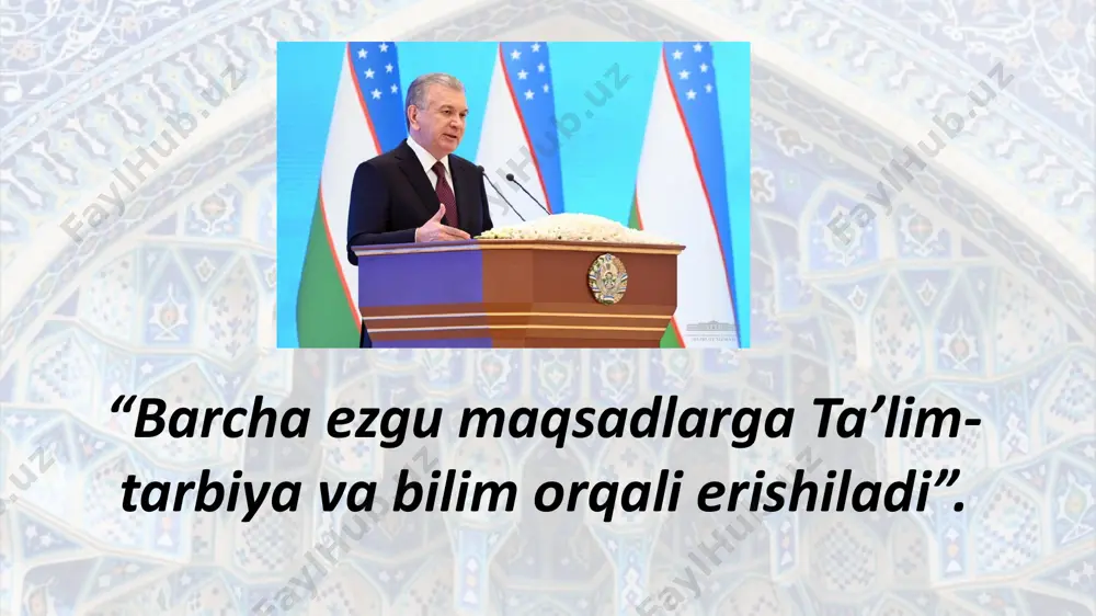 anini ko‘ramiz. ilm ma'rifatsiz biror bir jamiyat yoxud davlatchilik tuzumi taraqqiy etmagan, farovonlikka yuz tutmagan. “biz ustozni otaday ulug‘ deb bilgan, doimo ardoqlagan ma'rifatparvar xalqning vakillarimiz. men ham o‘qituvchi, muallim deganda o‘zim uchun eng aziz va hurmatli bo‘lgan, ziyoli va zamonaviy, samimiy va mehribon insonlarni tasavvur qilaman. chunki hammamizga ham shu muallim saboq va ta'lim berib, mehribon ota-onalarimiz qatorida tarbiyalagan, – dedi davlat rahbari yig‘ilish avvalida. – bugungi kunda o‘zbekistonning yangi taraqqiyot davri poydevorini yaratyapmiz. bunda bizning eng yaqin ko‘makchilarimiz ustoz va murabbiylar, ilmiy va ijodkor ziyolilardir”. shavkat mirziyoyev najot – tarbiyada “tarbiya - biz uchun yo hayot - yo mamot, yo najot - yo halokat, yo saodat - yo falokat masalasidir” abdulla avloniy taraqqiyotning tamal toshi ham, mamlakatni qudratli, millatni buyuk qiladigan kuch ham ilm-fan, ta'lim va tarbiyadir. hozirgi jadal taraqqiyot, globallashuv jarayonlari yangi o‘zbekiston oldiga uning nurli kelajagini ta'minlaydigan, hayot sinovlarini munosib yengib o‘ta oladigan barkamol avlodni voyaga …