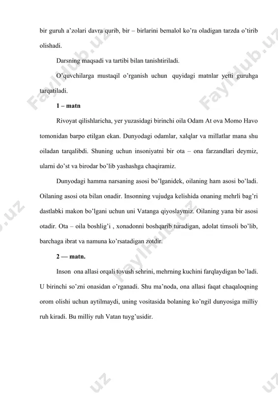 z. oilaning yana bir asosi otadir. ota – oila boshlig’i , xonadonni boshqarib turadigan, adolat timsoli bo’lib, barchaga ibrat va namuna ko’rsatadigan zotdir. 2 — matn. inson ona allasi orqali tovush sehrini, mehrning kuchini farqlaydigan bo’ladi. u birinchi so’zni onasidan o’rganadi. shu ma’noda, ona allasi faqat chaqaloqning orom olishi uchun aytilmaydi, uning vositasida bolaning ko’ngil dunyosiga milliy ruh kiradi. bu milliy ruh vatan tuyg’usidir. mavzu: oila - vatan ichra vatan oila tabiatning shoh asaridir va kishilik jamiyatining eng mukammal ijodidir. eng go‘zal insoniy tuyg‘ular oila atalmish “kichik vatan”da shakllanadi, sayqal topadi. yurt ravnaqi, mamlakat rivojida oilalarning o‘rni beqiyosdir. chunki ahil, inoq, mustahkam oilada yurt koriga kamarbasta kelajak avlod kamol topadi . shu sababli, o‘zbekiston respublikasi milliy gvardiyasi qo‘mondonligi tomonidan harbiy xizmatchilarning oilalarini ma’naviy va ijtimoiy qo‘llab - quvvatlash, sog‘lom ma’naviy - axloqiy muhit hamda sog‘lom turmush tarzini yanada mustahkamlashga va yurtboshimiz tomonidan ilgari surilgan beshta tashabbusni amalga oshirishga qaratilgan chora …