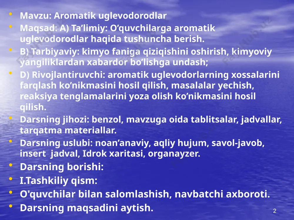 dlar o'ziga xos bo'igan qanday xususiyatlarga ega? • aromatik uglevodorodlar molekulasida benzol yadrosi tutgan karbotsiklik uglevodorodlardir. • aromatik uglevodorodlar halqali tuzilishiga ega. • aromatik uglevodorodlarning ayrim vakillari xushbo'y hidga ega. • aromatik uglevodorodlarning dastlabki a'zosi benzol – c6h6 8 9 aromatik uglevodorod benzol naftalin 10 benzol molekulasining tuzilishi 11 benzol molekulasi modeli 12 benzol molekulasining σ-bog’ orqali bog’lanishi 13 benzol molekulasida π-bog’ hosil bo’lishi 14 15 nomenklaturasi 16 17 18 19 20 21 nitrolash 22 sulfolash 23 24 25 iv. mustahkamlash. insert jadvali 26 v bu fikr menga tanish bu fikrga qarshiman/ e’tirozim bor + bu men uchun yangilik ? tushunmadim, savollarim bor ! qo’shimcha ma’lumot kerak v bu fikr menga tanish bu fikrga qarshiman/ e’tirozim bor + bu men uchun yangilik ? tushunmadim, savollarim bor ! qo’shimcha ma’lumot kerak bo’yoqlar dori-darmonlar qishloq xo’jaligida ishlatilishi formulasi kimyoviy xossalari fizikaviy xossalari oksidlanish reaksiyalari aromatik uglevodorodlarning alohida vakillari. insert jadvali 26 aromatik …