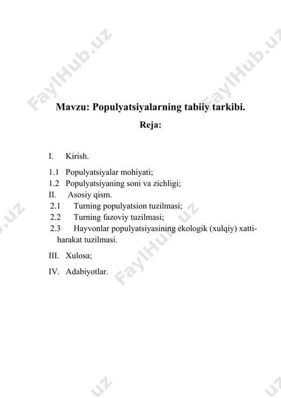 tsiya individlariga nisbatan bir-biri bilan erkin va oson chatishadi.populyasiyaning asosiy xususiyati uning genetik birligidir. populyatsiyaning muhim xususiyatlaridan yana biri o`zini son jihatidan idora etishidir.ayni sharoitda optimal songa individlarning saqlab turilishi populyatsiya gomeostazideyiladi.yuquqoridagi ta`rifdan ko`rinib turibdiki,populyatsiya guruhli birlashma xisoblanadi.guruhli xayot tarzi populyatsiya uchun o`ziga xos xususiyatlarni keltirib chiqaradi.bunday xususiyatlar quyidagilardan iborat: 1. populyatsiyaning soni 2. zichligi 3. tug`ilish 4. o`lish (nobud bo`lish) 5. populyatsiyaning o`sishi 6. o`sish sur`ati individlarning ma`lum xududda tarqalishi,jins va yosh nisbatlari,morfologik,fiziologik,hulqiy va genetik xususiyatlari populyatsiyaning tuzilmasini ifodalaydi. populyatsiya tushunchasi va xususiyatlari. populyatsiya- bu bir turning yoki bir necha tur vakillarining guruhi bo’lib ular ma’lum joyda uchraydi va ko’p hayotiy belgilarga ega bo’ladi. shu belgilar butun guruhning doimiy funksiyalari xisobi8ni aks etdiradi. populyatsiya a’zolarining hayotiy belgilari: tur vakillari qalinligi tug’ulishi, o’lishi, yosh bo’yicha taqsimlanishi, organizmning biotik patensiali ma’lum hududda tarqalishi va o’sish xillaridir. populyatsiya genetik xususiyatlarga ham ega bo’lib bu xolati organizmning to’griudan-to’g’ri ekologik moslashishi qayta ko’payishi va …