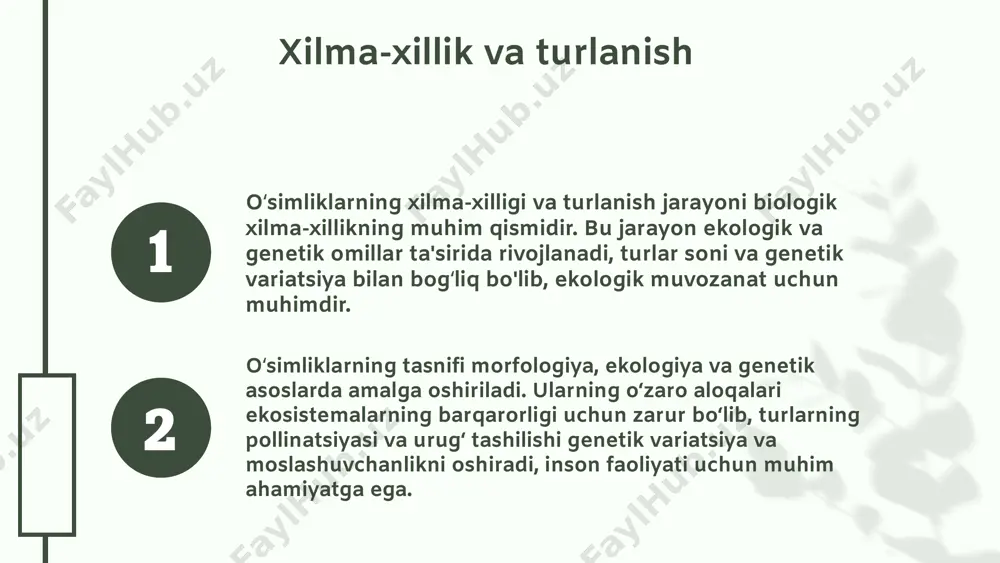 adi, bu nafas olish tizimiga ijobiy ta'sir koʻrsatadi. ular inson salomatligini yaxshilashda yordam beradi. ekologik muvozanatni saqlashda xona oʻsimliklarining roli katta. ular mikroorganizmalar va zararli moddalarni nazorat qilib, yashash joylarini ekologik xavfsizroq qiladi. 04.26.24 04.26.24 xona oʻsimliklarining estetik ahamiyati interyer dizaynida oʻsimliklar muhim estetik elementlardir. ular xona rang-barangligini oshiradi, tabiiylik va qulaylik hissini yaratadi. oʻsimliklar nafaqat goʻzallik qoʻshibgina qolmay, balki muhitni sogʻlomlashtirishga ham yordam beradi. stressni kamaytiradi va ruhiy holatni yaxshilashda muhimdir. photo by maita cayson on unsplash 04.26.24 xona oʻsimliklarining ijtimoiy ahamiyati oʻsimliklar va ijtimoiy muhit xona oʻsimliklari insonlar hayotida muhim ijtimoiy muhit elementidir. ular jamoat joylari, ofislar va turar joylarda ijtimoiy muhitni ijobiy tarzda taʼsir qiladi. oʻsimliklar insonlarning ruhiy holatini yaxshilaydi, stressni kamaytiradi va ijtimoiy muhitda muvozanatni saqlashga yordam beradi. oʻsimliklar orqali jamoaviy faoliyatlar xona oʻsimliklari bilan bogʻliq jamoaviy faoliyatlar — oʻsimliklar parvarish qilish klublari, maʼruzalar va seminarlar boʻlishi mumkin. bu insonlar orasida hamkorlik va muloqotni rivojlantiradi. oʻsimliklar …