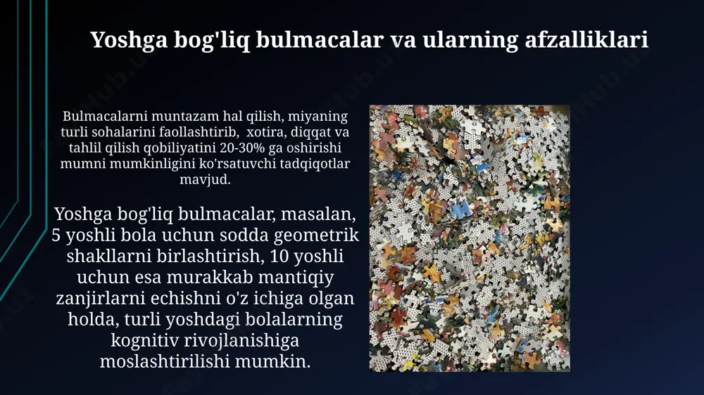0% ga oshirib, ma'lumotlarni saqlash va qayta ishlash tezligini sezilarli darajada yaxshilaydi, bu esa murakkab vazifalarni samarali bajarishga yordam beradi. bulmacalar va xotira rivojlanishi murakkab bulmacalarni hal qilish jarayoni, qisqa muddatli xotiradan uzoq muddatli xotiraga ma'lumotlarni o'tkazishni tezlashtiradigan kognitiv jarayonlarni faollashtiradi. bulmacalarni muntazam echish, miya hujayralari orasidagi sinaptik bog'lanishlar sonini 15-20% ga oshirib, xotira hajmini sezilarli darajada yaxshilaydi. bulmacalar va zamonaviy dunyoda mantiqiy fikrlashning ahamiyati krossvordlar, sudoku kabi 3 dan ortiq turdagi bulmacalarni bir vaqtda yechish orqali miyaning turli sohalarini faollashtirish va mantiqiy fikrlashning ko'p qirrali rivojlanishini ta'minlash mumkin. zamonaviy dunyoda muvaffaqiyatli boʻlish uchun 70% dan ortiq hollarda mantiqiy fikrlash qobiliyati talab etiladi, bulmacalar esa bu qobiliyatni rivojlantirishda samarali vosita hisoblanadi. bulmacalar va mantiqiy fikrlash o'rtasidagi bog'liqlik murakkab bulmacalar, masalan, sudoku yoki kubikni yig’ish, fazoviy tasavvur va muammoga turli yondashuvlarni ishlab chiqish kabi yuqori darajadagi kognitiv funksiyalarni rivojlantiradi. bulmacalarni muntazam echish miyaning muammolarni hal qilish qobiliyatini 20-30% ga oshirishi mumkin, …