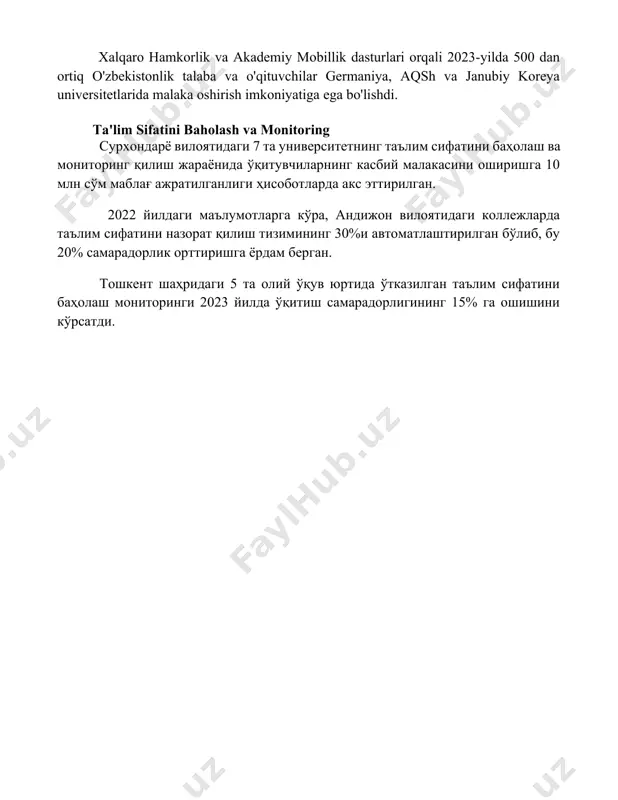 rlari orqali 2023-yilda 500 dan ortiq o'zbekistonlik talaba va o'qituvchilar germaniya, aqsh va janubiy koreya universitetlarida malaka oshirish imkoniyatiga ega bo'lishdi. ta'lim sifatini baholash va monitoring сурхондарё вилоятидаги 7 та университетнинг таълим сифатини баҳолаш ва мониторинг қилиш жараёнида ўқитувчиларнинг касбий малакасини оширишга 10 млн сўм маблағ ажратилганлиги ҳисоботларда акс эттирилган. 2022 йилдаги маълумотларга кўра, андижон вилоятидаги коллежларда таълим сифатини назорат қилиш тизимининг 30%и автоматлаштирилган бўлиб, бу 20% самарадорлик орттиришга ёрдам берган. тошкент шаҳридаги 5 та олий ўқув юртида ўтказилган таълим сифатини баҳолаш мониторинги 2023 йилда ўқитиш самарадорлигининг 15% га ошишини кўрсатди. 📌xulosa oliy ta'limda malaka oshirish, qayta tayyorlash va professional rivojlantirish jarayonlari ta'lim sifatini oshirish, raqobatbardosh mutaxassislar tayyorlash va milliy iqtisodiyot ehtiyojlarini qondirishda muhim ahamiyat kasb etadi. 📚foydalanilgan adabiyotlar 1. oliy ta’limda kadrlar tayyorlash, qayta tayyorlash va malakasini oshirishning zamonaviy tendentsiyalari. (zamonaviy tendentsiyalarni ko'rsatuvchi maqola yoki monografiya) 2. oliy ta’lim muassasalarida o’qituvchilarning kasbiy rivojlanishi uchun innovatsion pedagogik texnologiyalar. (innovatsion texnologiyalarni …