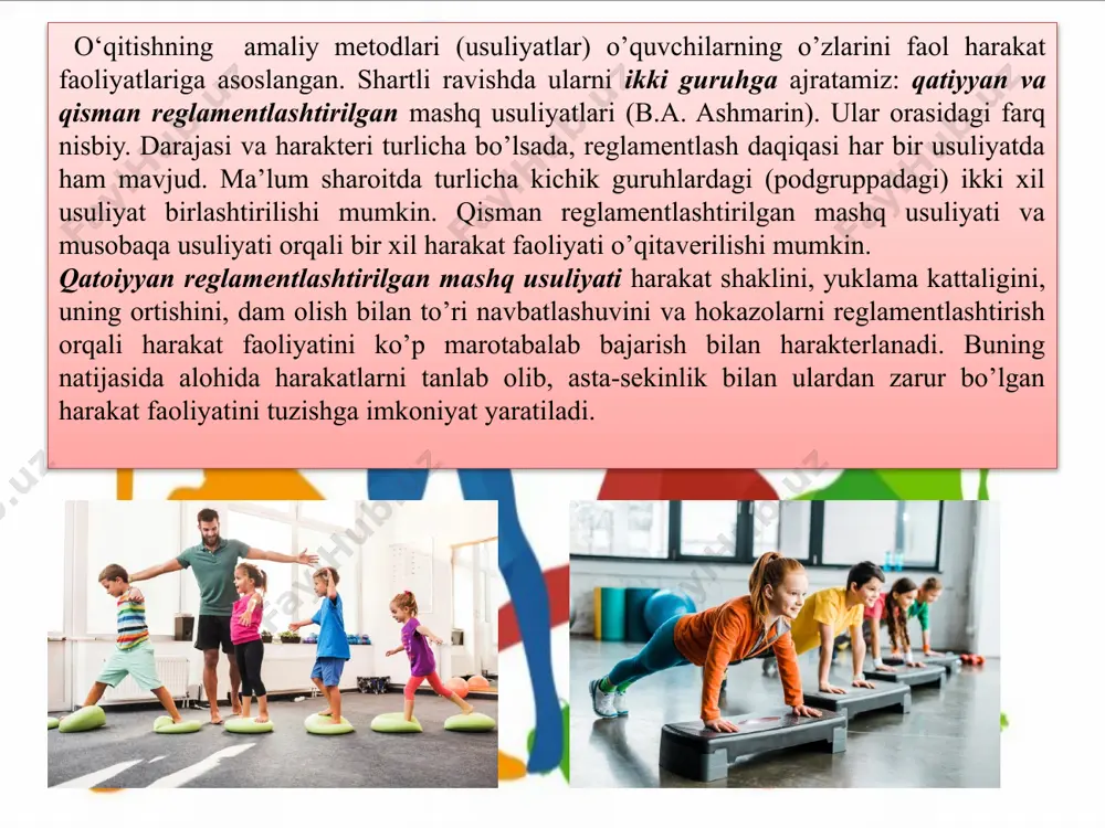 bo’lish va ularga nisbatan javob beradigan darajadagi elementlar, ularni ajratib, o’qitishda qo’llashni taqazo etadi. yo’llanma beruvchi mashqlar bir butun shaklda va o’quvchilar kuchiga yarasha bo’lishi kerak. harakat faoliyatini bo’laklarga bo’lishning harakteri, yo’llanma beruvchi mashqlarning soni, ularning navbati - o’qitishning individual sharoitiga qarab qo’llash uchun o’qituvchi tomondan tanlanadi. har bir yo’llanma berish mashqini qo’llash, uning davomiyligi (uzunligi), mohi-yati, qiyinligi va ahamiyatini eotiborga olishda, o’quvchilar tayyorgarligiga qaraladi. yo’llanma beruvchi mashqlarni shartli ravishda ikki xil ko’rinishda tasavvur qilish mumkin: 1) bir butun harakatdan ajratilgan qismlar yoki butun harakat, lekin ulardan detallarni ajratib olingani bilan, faoliyatning qismi hech qanday qo’shimchasiz sof holda, qismlarga bo’lib o’zlashtirilayotgan harakat faoliyati texnika-sini ajratilgan holdagi ko’rinishi tarzida; 2) yo’llanma beruvchi mashqning ko’rinishi o’zlashtiri-layotgan faoliyatning belgilangan strukturasini tuzish uchun qo’llanilishi mumkin bo’lgan shaklidagi ko’rinishda. bo’laklarga ajratib o’qitish metodi yo’qotilgan malakalarni tezda tiklanishiga ta’sir ko’rsatadi. koordinatsiyasiga ko’ra o’ta qiyin mashqlarni o’zlashtirishda bu usuliyat bebahodir. lozim bo’lsa bo’laklarga ajratish ayrim bo’inlar, ajartib …