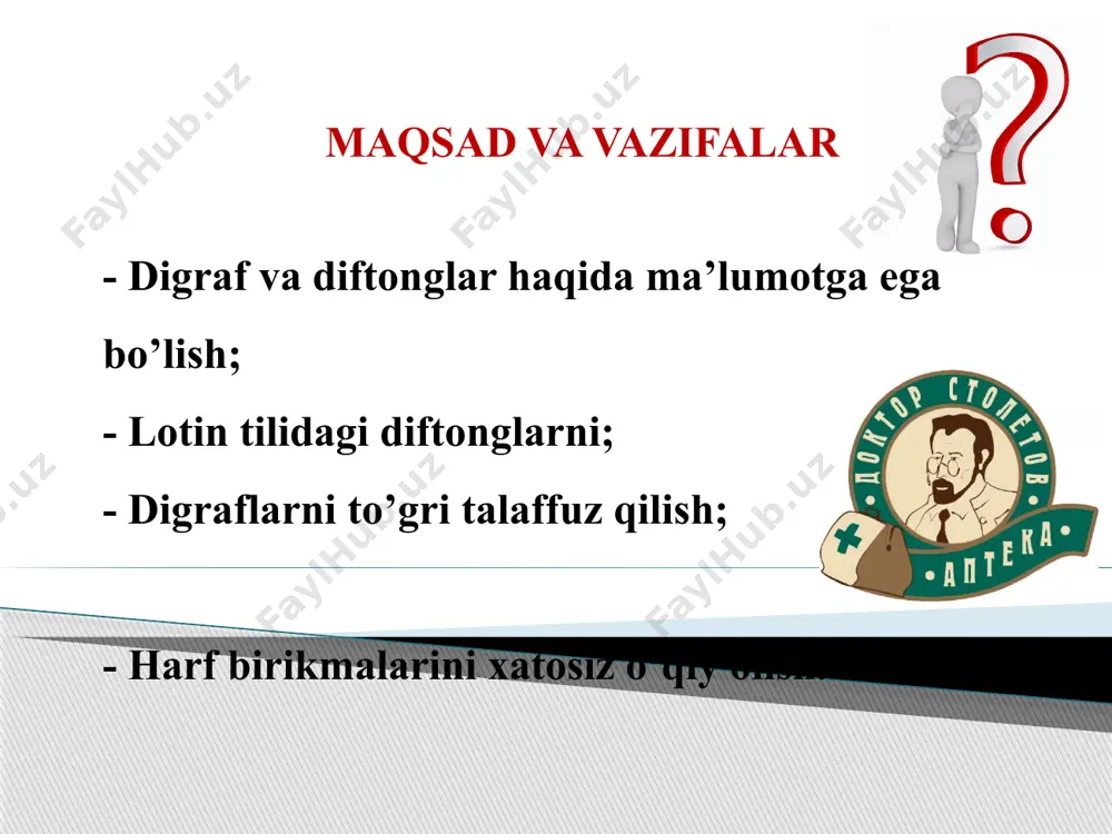 leae – o’t pufagi tanasi peronaeus – kichik boldir suyagiga tegishli uropo yo ticus – siydik ishlab chiqaruvchi oedema – shish digraflar ch- nucha – bo’yin ph – pharynx – halqum th – thorax – ko’krak qafasi rh – rhaphe – chok yunon tilidan kirib kelgan ch, ph, th, rh – digraflari va ularning beradigan tovushlari ch – [x] – chóle, chórda ph – [f] – phálanx, diaphrágma rh – [r] – rheumatísmus, rhinorrhagía th – [t] – thrómbus, therapía harf birikmalar ngu “kv” aqua – [akva] qu unlilar oldida “ngv” o’qiladi lingua – [lingva] undoshlar oldida “ngu” o’qiladi angulus – [angulus] harf birikmalar ti unlilar oldidan “tsi” o’qiladi solutio – [solutsio] undoshlar oldida “ti” o’qiladi tibia – [tibia] x, s harflaridan keyin “ti” o’qiladi mixtio – [mikstio] harf birikmalar su unlilar oldidan “sv” o’qiladi suavis – [svavis] undoshlar oldida “su” o’qiladi sulcus – [sulkus] digraflar va harf birikmalarining talaffuziga …