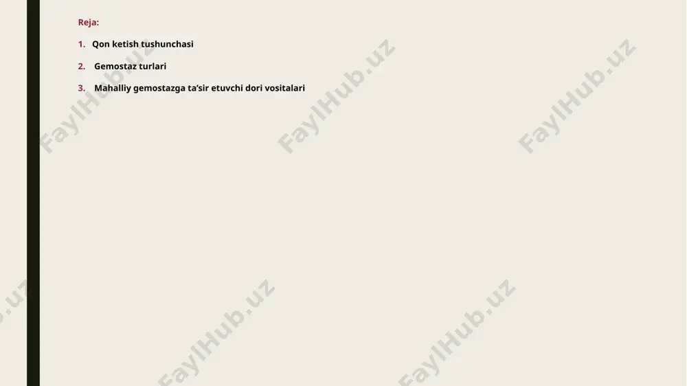 ; umumiy qon oqimida gemostaz funktsiyasiga salbiy ta’sir etmasligi; foydalanish qulayligi, oson olib tashlanadigan bo`lishi kerak hozirgi kunda ishlatiladigan zamonaviy gemostatik vositalarni quyidagi guruhlarga bo`lish mumkin mukoidyopishtiruvchilar : xitosan va amilopektin koagulyatsion omillar konsentratorlari : seolit va kaolin agregatsiya va adgeziyani stimullovchilar : kollagen va selluloza oqsil denaturatsiyasini rag`batlantiradigan : metallarning noorganik tuzlari va akril kislata hosilalari gemostatik gubkalar va gemostatik materialllar 2 daqiqa ichida qon oqishini to`xtata olmaydigan gemostatik vositalar samarasiz hisoblanadi. birinchi guruh dori vositalarining kamchiliklari qisqa muddatli ta'sir ko`rsatadi . mahalliy gemostaz vositalarining ikkinchi guruhi kollagen va jelatinni o‘z ichiga oladi. bularga quyidagilar kiradi: jelplastan, gemostatik kollagenli gubka, jelatinli gubka, kanamitsinli antiseptik gubka, surgisel, aviten, kollagen plastinka. dori-darmonlar va kollagenga asoslangan mahsulotlarning terapevtik samaradorligi ularning tarkibidagi dorilarning ta'siri bilan ham, kollagenning o'zi ta'siri bilan ham belgilanadi. kollagenning roli kollagen gubka faqat o`rta darajadagi parenximatoz qon ketishida yaxshi samara beradi. kollagen 4 hafta davomida asta sekin parchalanib ketadi …