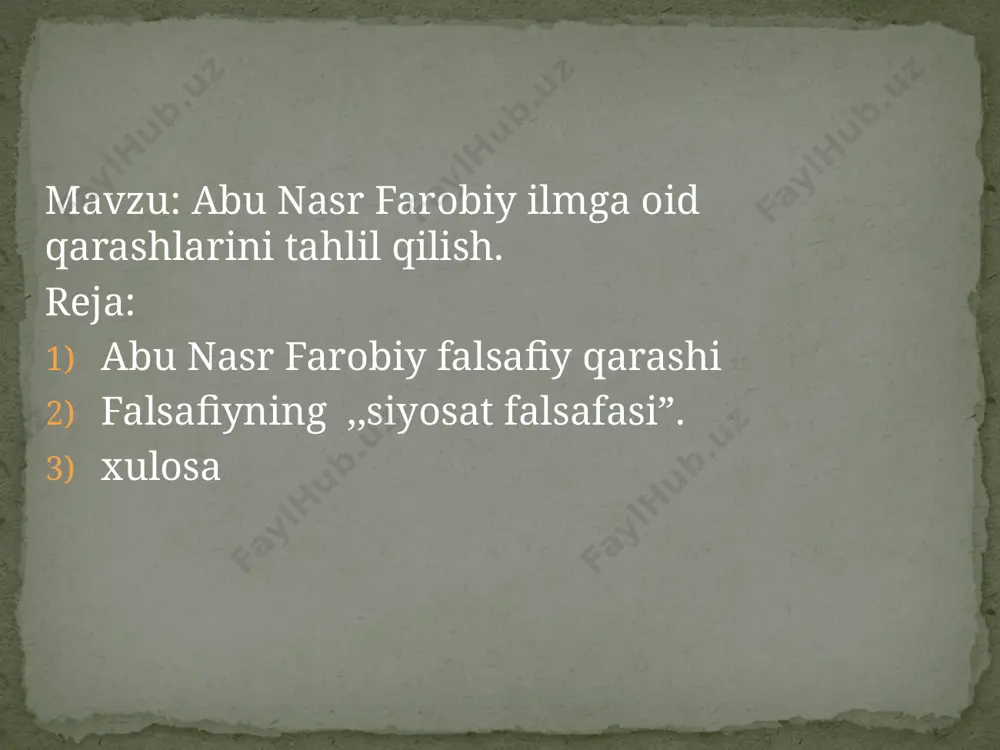 lib, xudo va modda, yagona bir butunni tashkil etib, bir qator bosqichlar orqali bir-birlari bilan sababiy bog‘lanishdadirlar. o‘zlarining sababiy bog‘lanishlari tufayli ushbu ibtidolar ikki ko‘rinishga ajratiladilar: «vojibul vujud» - shunday narsaki, mavjudligi o‘zidan kelib chiqadi; «mumkinul vujud» - shunday narsaki, uning mavjudligi boshqa narsadan kelib chiqadi. «mumkinul vujud» o‘zining bor bo‘lishi uchun sababga ehtiyoj sezadi, va qachonki u paydo bo‘lsa, boshqa narsa tufayli, «vojibul vujud» ga aylanadi. forobiyning ibtidolar haqidagi ta’limoti shundan guvohlik beradiki, unga yangi aflotunchilikning emanatsiya nazariyasi ta’sir o‘tkazgan bo‘lib, u ilk islom e’tiqodidagilarning nuqtai nazarlaridan mohiyatan farq qiladi. shunday qilib, xudo va modda, yagona bir butunni tashkil etib, bir qator bosqichlar orqali bir-birlari bilan sababiy bog‘lanishdadirlar. o‘zlarining sababiy bog‘lanishlari tufayli ushbu ibtidolar ikki ko‘rinishga ajratiladilar: «vojibul vujud» - shunday narsaki, mavjudligi o‘zidan kelib chiqadi; «mumkinul vujud» - shunday narsaki, uning mavjudligi boshqa narsadan kelib chiqadi. «mumkinul vujud» o‘zining bor bo‘lishi uchun sababga ehtiyoj sezadi, va qachonki u …