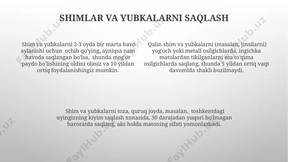 ishga yordam beradi. aksessuarlarni saqlash 10 juftgacha bo'lgan qo'lqoplaringizni, ayniqsa, jun qo'lqoplarni, qalin mato qopchalariga soling va ularni quritish vositalari bilan birga namanganda joylashgan shkafingizning pastki javoniga qo'ying. zargarlik buyumlarini, ayniqsa, 2 dan ortiq bo'lmagan qimmatbaho marjonlarni, samarkanddagi uyda maxsus zargarlik qutisida, har bir taqinchoqni alohida joylashtirib, saqlang. aksessuarlaringizni, masalan, kamarlarni va sharflarni, 5 dan ortiq bo'lmagan guruhga ajrating va har bir guruhni alohida qutilarga, masalan, yog'och qutilarga joylashtiring, shunda ular toshkentdagi xonangizda tartibda saqlanadi. mavsumiy kiyimlarni saqlash bahorgi yengil materiallardan tikilgan 10-15 ta kiyimingizni, namlikdan himoya qilish uchun, vakuumli paketlarda saqlang va ularni andijondagi quruq xonada saqlang. qishki jun paltolari va jun paypoqlarni namlikdan himoya qilish uchun, ularni 5-7 kun davomida quruq va salqin joyda, masalan, toshkentdagi kvartiraning shimoliy tomonidagi shkafda saqlang. yozgi kiyimlarni, masalan, 3-4 ta engil ko'ylak va 2 ta shortilarni, samarqanddagi issiq havoda ham qulay saqlash uchun, paxtadan tikilgan maxsus kiyim sumkalaridan foydalaning. saqlash uchun vositalar …