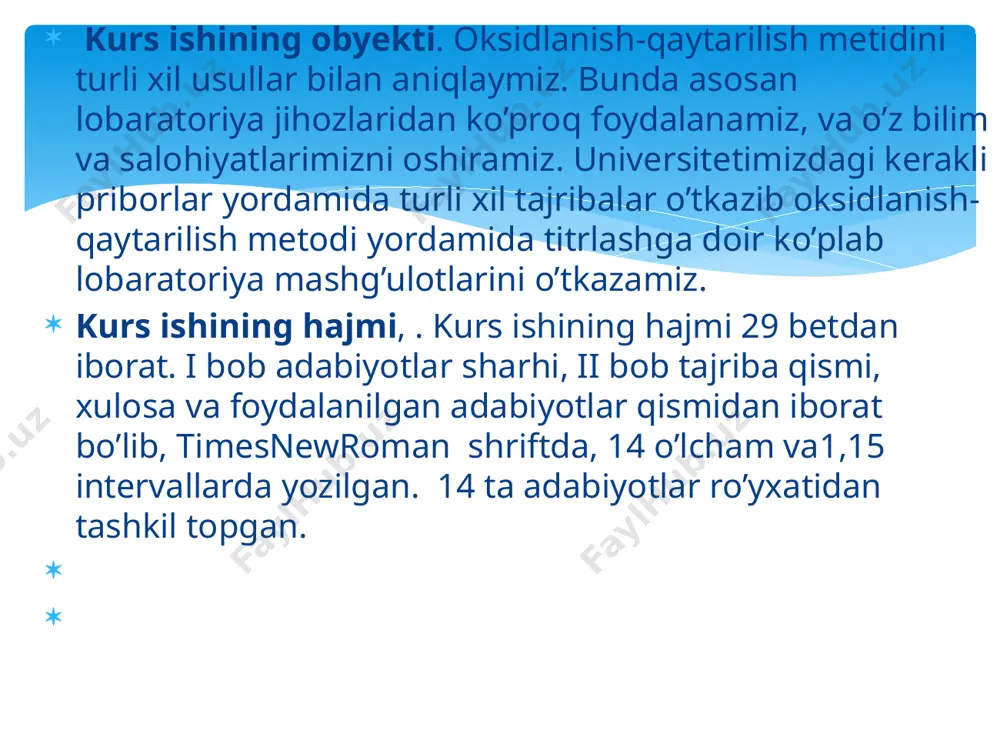 siya uchun olingan kislotaninig (2) valentli marganesli tuzi xosil bo’ladi. foydalanilgan adabiyotlar 1.алексеев в. б. физико-химические методы анализа. под ред. кого. - j1., ―химия, 1988. -372 с. 2. ляликов ю.с. физико-химические методы анализа. — м., ―химия‖,1973. - 536 с. 3. fayzullaev o analitik kimyo asoslari. toshkent, a. qodiriy nashriyoti. 2003, 444 b. 4. fayzullaev о. elektrokimyoviy tekshirish usullari. — т., ―o`qituvchi‖, 1995. 5. general chtvistri. vartin/ s/silberberg. chapter: 1-6., 20-22. usa/ 2010. 6. мирзиѐев ш.м эркин ва фаровон демократик ўзбекистон давлатини биргаликда барпо этамиз. тошкент. ―ўзбекистон‖ нмиу. 2017. – 29 б. 9. ўзбекистон республикаси президентининг 2017 йил 7 февралдаги ―ўзбекистон республикасини янада ривожлантириш бўйича харакатлар стратегияси тўғрисида‖ ги пф-4947- сонли фармони. ўзбекистон республикаси қонун тўплами. 2017 й. 6-сон. 70- модда. 10. ўзр пқ-2909. олий таълим тизимини янада ривожлантириш чоратадбирдари тўғрисида. тошкент ш., 2017 й. 20 апрель. elektron manbalar: 1. http:/www.nuuz.uz. 2. http:/www.natlib.uz. 3. http:/www.ziyo.net.uz. 4. http:/www.shemport.ru. 5. http:/www.dl.urdu.uz /docprops/thumbnail.jpeg