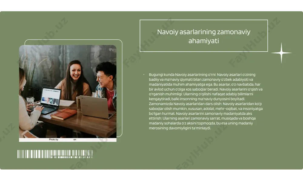 ilish ba'zi yoshlar navoiy asarlarini o'qish va tushunishda qiyinchiliklarga duch kelishmoqda, bu esa uning merosiga bo'lgan qiziqishni kamaytirishi mumkin. ta'lim tizimida navoiy merosini o'qitishning yetersizligi bu muammoni kuchaytirmoqda. madaniy tadbirlar navoiy asarlarini namoyish etish va o'qitish uchun madaniy tadbirlar, festival va boshqa faoliyatlar tashkil etish orqali yoshlarni jalb etish imkoniyatlari mavjud. bu, navoiy merosining xalqimiz uchun ahamiyatini oshirishga yordam beradi. global raqobat va madaniy ta'sirlar xalqaro madaniyat va raqobat o'zbekiston madaniyatini o'zgarishga olib kelishi mumkin. boshqa madaniyatlarning ta'siri, navoiy asarlarini o'qitish va ulardan foydalanishni kamaytirishi mumkin. s w o t navoiy asarlarini zamonaviy hayotda qo'llanishi alisher navoiy asarlari zamonaviy ta'limda muhim rol o'ynaydi. ularning o'qilishi yosh avlod uchun madaniyati va adabiyoti haqida chuqur bilim beradi. yoshlar orasida navoiy asarlariga qiziqish kundan-kun ortib bormoqda, bu esa ularning ijodiy fikrlashini rivojlantiradi. zamonaviy madaniyat va san'atda navoiy asarlarini qo'llash orqali, biz uning ruhini va g'oyalarini yangicha talqin etishimiz mumkin. photo by jason goodman …