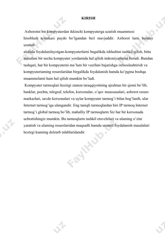 lgan emas, lekin mavjud bo’lgan unix platformasidagi amaliyot tizimlar ham mode- mizatsiyalashtirildi. bu davrda ethernet, token ring, fddi mahalliy tarmoqlari uchun kommunikatsion texnologiyalarga standartlar qabul qilindi. bu osi modelining pastki pog’ona! aridagi amaliyot tizimlarni moslashtirilishini tarmoq adapterlar interfeyslari bilan standartlashtirishga imkon berdi. 90-yillarda barcha tarmoq vazifalari amaliyot tizim yadrosiga o’rnatildi va ularning ajralmas qismi bo’lib qoldi. amaliyot tizimlari barcha lokal ethernet fast ethernet, gigabit ethernet, token ring, fdi atm) va global (x.25, frame relay, isdn, atm) tarmoqlar, shuningdek, tarkibiy tarmoqlar texnologiyalari bilan ishlash imko- niyatini berdi. bu davming oxirida internet bilan ishlashni quwatlashga kata e’tibor qaratildi, тсрлр protokollar steki ommalashdi. bu stek unix oilasidagi amaliyot tizimlardan tashqari boshqa tizimlarni ham quwatlaydigan boidi. tcp/ip dan tashqari, telnet, ftp, e-mail servislar ishlatadigan utilitlar paydo boidi. kompyuter va tarmoq resurslariga ruxsat etish qunlmasidan tashqari kommu nikatsiya vositasi ham bo’lib qoldi. amaliyot tizimning muhim vazi- falaridan biri axborot xavfsizligini ta’minlashdan iborat. ayniqsa, bu muammo …