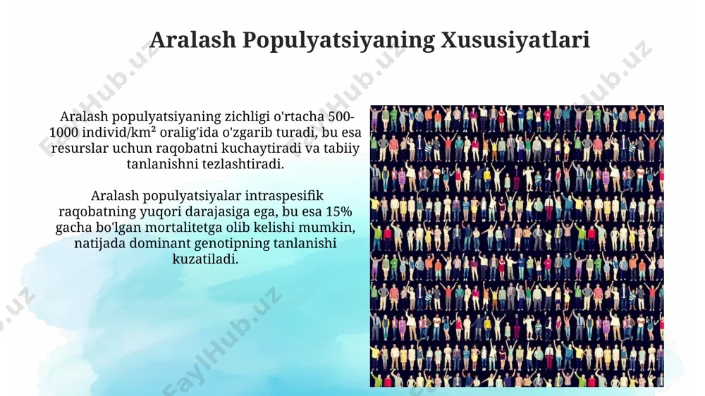 i birlashishi natijasida, masalan, 10% ga yaqin genetik o'zgarish bilan sodir bo'ladi. aralash populyatsiyaning rivojlanishi aralash populyatsiyaning rivojlanishi genetik diversitetni 20% ga oshirishi va shu bilan birga, 5-10% gacha kasalliklarga chidamlilikni yaxshilashi mumkin. aralash populyatsiyalarda allel chastotalarining o'zgarishi hardy-weinberg tenglamasidan chetlashish orqali 3 avlod ichida sezilarli darajada kuzatilishi mumkin. aralash populyatsiyaning o'zaro ta'siri aralash populyatsiyalar ichida 10% gacha bo'lgan turlar yashash joyi uchun kuchli raqobat tufayli populyatsiya zichligi va biomasasiga sezilarli ta'sir ko'rsatadi. aralash populyatsiyada 2 dan ortiq turdagi organizmlar o'rtasidagi raqobat, simbioz yoki neytral munosabatlar kabi 3 asosiy o'zaro ta'sir turlarini kuzatish mumkin. e'tiboringiz uchun rahmat @taqdimot_robot image2.jpg image3.jpg image4.jpg image5.jpg image6.jpg image7.jpg image8.jpg image9.jpg image10.jpg image11.jpg image12.jpg image13.jpg image1.png