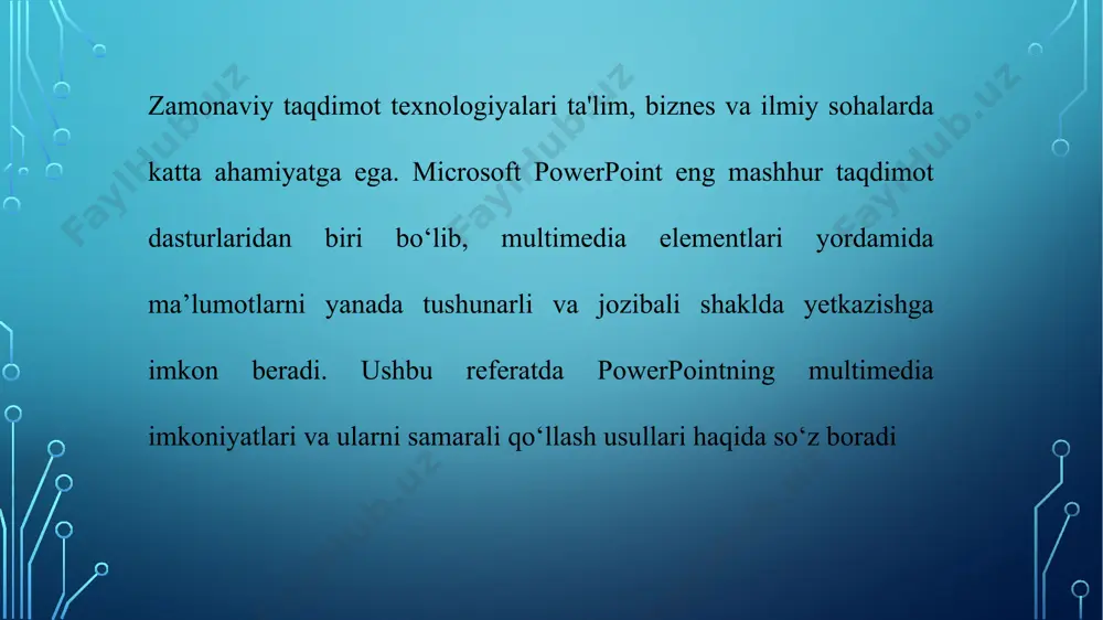 miy hujjatlari va qo‘llanmalar (https://support.microsoft.com) 5.g. m. hasanov, “multimedia texnologiyalari”, toshkent, 2020 6.j. smith, “effective powerpoint presentations”, pearson, 2019 7.“microsoft office powerpoint: beginner to advanced”, o’reilly media, 2021 8.o‘zbekcha va ruscha it-forumlar va maqolalar (https://habr.com, https://infocom.uz) image2.png /docprops/thumbnail.jpeg