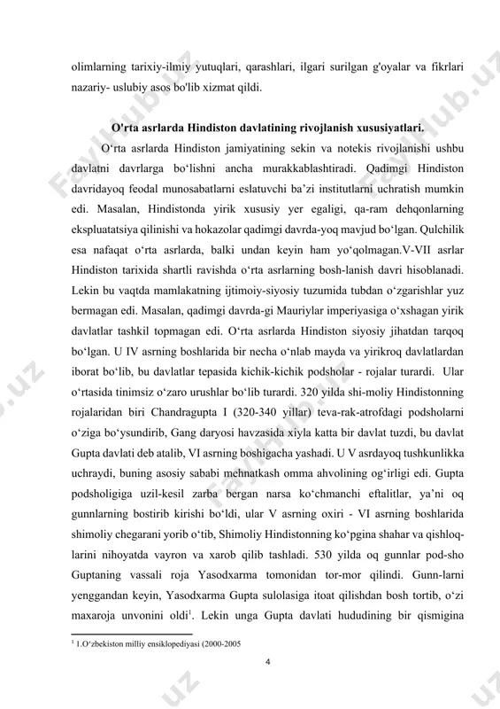 v asrning oxiri - vi asrning boshlarida shimoliy chegarani yorib o‘tib, shimoliy hindistonning ko‘pgina shahar va qishloq-larini nihoyatda vayron va xarob qilib tashladi. 530 yilda oq gunnlar pod-sho guptaning vassali roja yasodxarma tomonidan tor-mor qilindi. gunn-larni yenggandan keyin, yasodxarma gupta sulolasiga itoat qilishdan bosh tortib, o‘zi maxaroja unvonini oldi[footnoteref:1]. lekin unga gupta davlati hududining bir qismigina bo‘ysundi.vii asrning boshlarida xarsha (606-647 yillar) davlati burmuncha vaqtgacha yuksalib bordi. xarsha kanauja knyazligining rojasi edi, so‘ng-ra u butun shimoliy hindistonni o‘ziga bo‘ysundirdi. xarsha davlati gang daryosi vodiysi bo‘ylab sharqiy panjobdan to bengaliya qo‘ltig‘igacha bo‘lgan hududni o‘z ichiga oldi. markaziy hindistonning knyazlari ham xarshaga vassal qaramlikda edi. hammasi bo‘lib 40 tacha knyaz unga qa-ram edi. xarsha imperiyasi uzoq umr ko‘rmadi. uning hokimiyati feodal-lashuv jarayonining kuchayishi, o‘z vassallari - rojalar qudratining tobora ortib borishi natijasida zaiflashdi; bu rojalar pirovardida butunlay mustaqil bo‘lib, markazga itoat etmay qo‘ydi. xarsha vafotidan keyin uning davlati parchalanib ketdi. uzoq vaqtgacha …
