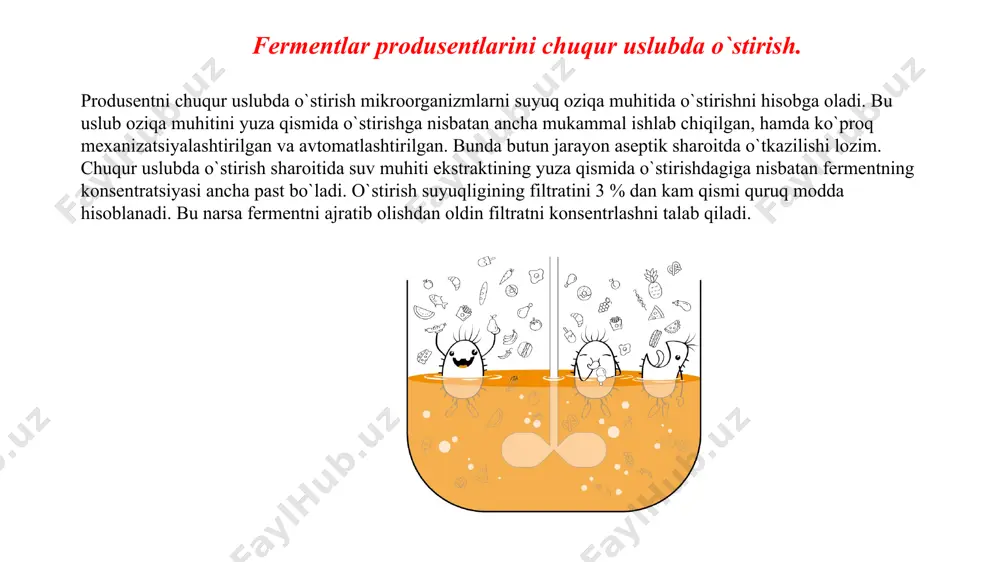 (sut kislota); – koferment – nad; – reaksiya turi – substrat va vodorod akseptori (nad) o‘rtasida oksidlanish va qaytarilish reaksiyasi. har bir fermentga barcha fermentlar ro‘yxatida alohida nomer (shifr) berilgan. masalan: laktatdegidrogenaza 1.1.1.27 shifriga ega. birinchi raqam sinfning nomerini, ikkinchi - sinfchaning, uchinchi – kenja sinfning, to‘rtinchi – ko‘rsatilgan guruhda egallagan o‘rnini ko‘rsatadi. fermentatsiya koʻplab oziq-ovqatlarni tayyorlashda qoʻllaniladi. oziq-ovqat sanoatida mikrobial fermentlardan foydalanish uzoq davom etgan jarayondir. quyidagi turlar keng qo'llaniladi: amilaza. kraxmalni suyultirish, non sifatini yaxshilash, meva sharbatlarini tiniqlashtirish. glyukoamilazalar. glyukoza va fruktoza yuqori bo'lgan pivo va siroplar ishlab chiqarish. proteaz. tenderlashgo'sht, sut koagulyatsiyasi. laktaza. odamlarda laktoza intoleransini kamaytirish, prebiyotik oziqaviy qo'shimchalar. lipaza. cheddar pishloq ishlab chiqarish. fosfolipazalar. lipolizlangan sut yog'ini ishlab chiqarish. esteraz. meva sharbatida ta'm va xushbo'ylikni yaxshilash. oziq-ovqat tolasining deesterifikatsiyasi. qisqa zanjirli efirlarni ishlab chiqarish. tsellyulozalar. hayvonlar yemi. glyukoza oksidaza. oziq-ovqatlarni saqlash muddatini yaxshilash. lakkalar. sharobdan polifenollarni olib tashlash. katalazlar. oziq-ovqatlarni saqlash. pishloq ishlab chiqarishdan oldin …