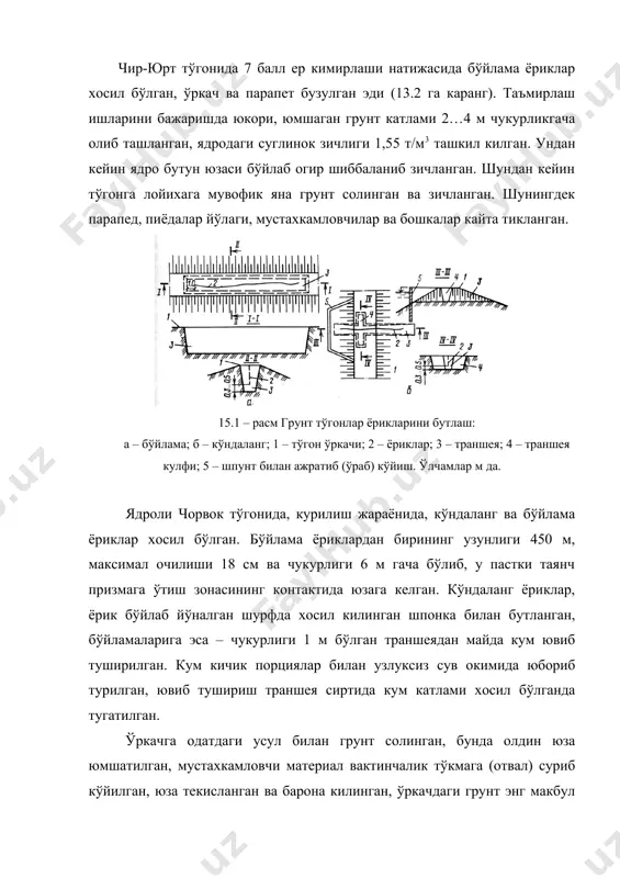 фойдаланилса бўлади. тўкиладиган грунтнинг тургунлигини ошириш учун пастки кияликдан грунт боскичма боскич м (15.1) кенгликда кесиб олинади. бу ерда m – таъмирлашдан кейинги киялик коэффициенти; hs – ўйилиш баландлиги, шиббаловчи механизм характеристикасига боглик, одатда 0,15…0,25 м кабул килинади. 15.2 – расм грунт тўгонлар кияликларини кенгайтириш ва ётиклаштириш схемалари: а ва б - бўйлама ва кўндаланг усуллар; в – грунтни каток билан зичлаш; 1 – тўгон ўркачи; 2 – таъмирлашгача бўлган пастки киялик; 3 – лойиха бўйича киялик; 4 – грунт тўкиш катлами ва зичлаш; 5 – зичланган грунт; 6 – бульдозер билан текисланаётган грунт; 7 – каток. бўйлама усулда майдоннинг энг кам кенглиги зичлаш учун кабул килинган каток, бульдозер ёки автосамосвал кенглиги 0,5…1 м га кўп кўшиб кабул килинади. грунт иншоотлар тўкмаларини ер кемирувчи (ондатра, сув кундузи, юмрон козик, крот, каламуш ва бошк.) хайвонлар ин куриб, бузганда, (мисол учун, юмрон козикнинг канал дамбасидаги инини 29.01.2007 й. олинган расмини 15.3 – …