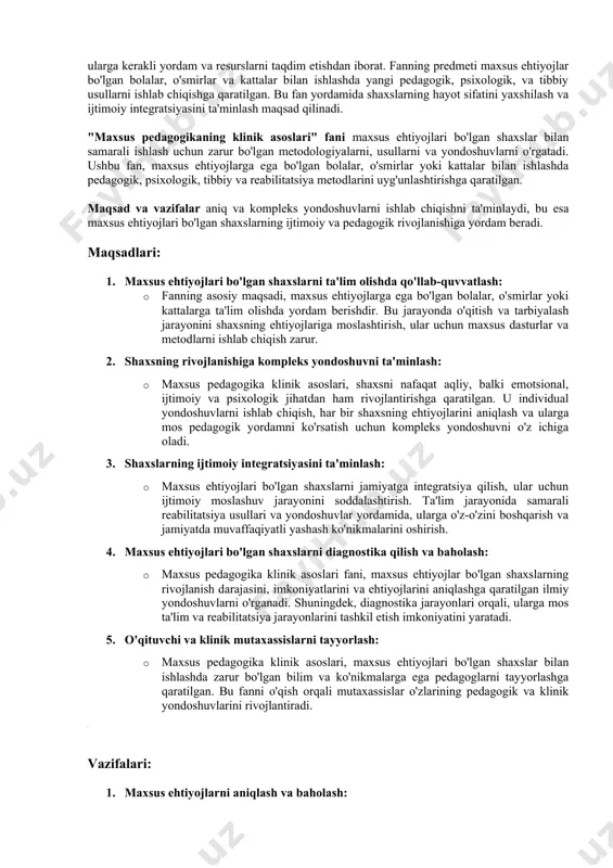 timoiy moslashuv uchun reabilitatsiya jarayonlarini ishlab chiqadi. · bunda, maxsus ehtiyojlari bo'lgan shaxslarni jamiyatda erkin va mustaqil yashashga o'rgatish maqsad qilinadi. reabilitatsiya jarayonlarida pedagogik va tibbiy yordam birgalikda amalga oshiriladi. 4. individual yondoshuvlar va individual ta'lim rejalari: · har bir shaxsning ehtiyojlari va imkoniyatlariga mos ravishda ta'lim jarayonlari tashkil qilinadi. bu jarayonda, individual yondoshuvlar, o'quv dasturlari va maxsus metodlar ishlab chiqiladi. · maxsus ta'lim dasturlari va materiallari shaxsning rivojlanish darajasi va ehtiyojlariga qarab sozlanadi. 5. maxsus metodlar va vositalar: · klinik asoslar fani, maxsus ehtiyojlarga ega shaxslar uchun moslashtirilgan metod va vositalarni ishlab chiqadi. masalan, nogironlar uchun maxsus texnologik vositalar, korrektiv o'qitish metodlari yoki sensomotorika yondoshuvlari. 6. o'qituvchilar va klinik mutaxassislar o'rtasidagi hamkorlik: · ushbu fan, ta'lim jarayonida o'qituvchilar, psixologlar, tibbiy xodimlar va boshqa klinik mutaxassislar o'rtasida muvofiqlashtirilgan ishlashni ta'minlaydi. yangi pedagogik yondoshuvlarni amaliyotda qo'llashda barcha mutaxassislar birgalikda ishlashlari kerak. maxsus pedagogikaning klinik asoslari fanining asosiy maqsadi - bu maxsus …