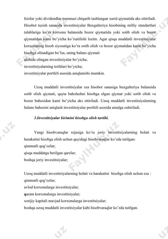 bo’sh mablag’idan 1 yilgacha muddat ichida unumli foy-dalanishni ko’zda tutgan «a» kompaniyasi tez rivojlanib borayotgan boshqa bir kompaniyaning nominal qiymati 1000 so’m bo’lgan 500 ta aktsiyasining har birini 1100 so’mdan, «sek’yur invest» brokerlik tashkiloti orqali sotib oldi. bu xizmat uchun brokerlik tashkilotiga shartnoma summasining 5% miqdorida, bank xizmati uchun esa 1 % miqdorida xaq to’ladi. shunga ko’ra qisqa muddatli investitsiyaning xarid qiymati 583000 so’mni tashkil qildi. [ 550000 +( 550000 x 5 % ) +(550000 x 1% )= 583000 co’m] bu xo’jalik muomalasiga quyidagi buxgalteriya yozuvi rasmiylashtiriladi: a) pul mablag’lari o’tkazilganda dt «brokerlik tashkiloti» 577500 dt «bank xizmati» 5500 kt «pul mablag’lari» 583000 b) investitsiyalar qabul qilib olinganda dt «qisqa muddatli investitsiyalar» 583000 kt «brokerlik tashkiloti» 577500 kt «bank xizmati» 5500 investitsiyalar kirimi korxona ta’sischilari tomonidan qilingan badal sifatida ham yuzaga kelishi mumkin. dt «qisqa muddatli investitsiyalar» yoki dt «uzoq muddatli investitsiyalar» kt «тa’sischilarni ustav kapitaliga badallari bo’yicha qarzdorligi» agar …