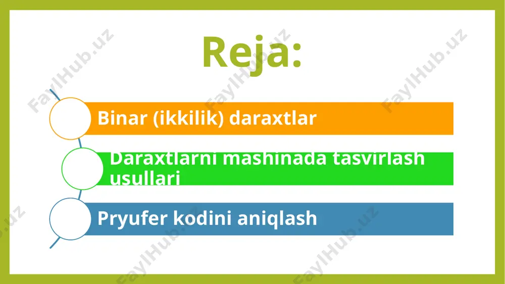 nomlanadi (oldingi tugun yoki kattaroq tugun). har bir tugunning koʻpi bilan bitta ajdodi bor. tugunning balandligi tugunning balandligi - bu tugundan eng pastki tugunga (chekka tugunga) barg deb ataladigan pastga tushadigan yoʻlning maksimal uzunligi. ildiz tugunining balandligi butun daraxtning balandligiga teng. ildiz tugunlari ajdodlari boʻlmagan tugun (eng yuqorisi) ildiz tuguni deb ataladi. bu daraxtdagi koʻplab amallar boshlanadigan tugun (garchi ba‘zi algoritmlar "barglar" dan boshlanib, ular ildizga yetguncha davom etadi). boshqa barcha tugunlarga ildiz tugunidan qirralar (yoki bogʻlanishlar) boʻylab harakatlanish orqali erishish mumkin (rasmiy ta‘rifga koʻra, har bir bunday yoʻl noyob boʻlishi kerak). diagrammalarda u odatda eng yuqori qismida tasvirlangan. ba‘zi daraxtlarda, masalan, uyumlarda, ildiz tuguni maxsus xususiyatlarga ega. daraxtdagi har bir tugunni shu tugundan "oʻsayotgan" kichik daraxtning ildiz tuguni deb hisoblash mumkin. daraxt osti daraxt osti - bu alohida daraxt sifatida namoyish etilishi mumkin boʻlgan daraxtga oʻxshash ma‘lumotlar strukturasining bir qismidir. t daraxtining har qanday tuguni va uning barcha nasl …