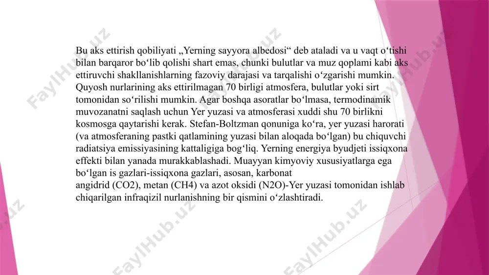 ga sabab bo‘lmoqda. qishloq xo‘jaligida zararkunandalar populyatsiyasining o‘sib borishi tropik hududlarda qayd etilgan kasalliklarning tarqalish hududining kengayib borishiga sharoit yaratmoqda. xulosa bu taqdimotimizdan shuni shunsak bo‘ladiki,global isish global muammodir.global deyotganimizni sababi ko‘plab mamlakatlarga ta‘sir qiladi.bunga misol qilib oladigan bo‘lsak,muzliklarni erishi oqibatida daryo okeanlarda suv miqdorining oshib ketishi natijasida ko‘plab davlatlarga ta‘sir qiladi.suv sel toshqinlar vujudga kelishi mumkin.glabal issiqlik oqibatida o‘rmonlar ,dalalar va yaylovlarda yong‘inlar vujudga kelishi mumkin.bu o‘sha davlatlarga moddiy taraflardan zarar keltirishi mumkin.global issishni oldini olish uchun mening fikrimcha ozon qatlami yaxshi butun bo‘lishi kerak deb o‘ylayman.buning uchun esa zavod va fabrikalardan chiqayotgan gazlar miqdorini kamaytirish,zamonaviy va yangi filtirlardan foydalanish,va shunga o‘xshash masalalarni ko‘rib chiqish kerak deb o‘ylayman. foydalanilgan adabiyotlar: 1. uz.wikipedia.org 2. kun.uz/news 3. www.gazeta.uz image1.png image2.png image3.png /docprops/thumbnail.jpeg