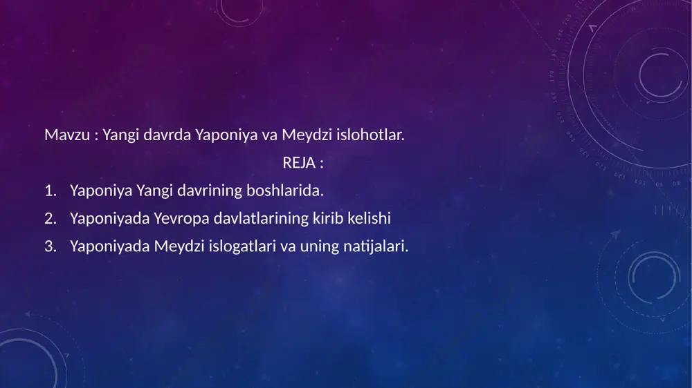 xristian bor edi. xvii asr boshlarida yaponiyada ingliz, ayniqsa golland savdogarlarining faoliyati ham kuchaydi. yaponiyada yevropaliklarning paydo bo’lishi bu yerda markazlashgan feodal davlat barpo etish uchun kurashning kuchaygan davriga to’g’ri keldi. xvi asr oxiri – xvii boshlarida yapon orollarida markazlashgan davlat tashkil topishi uchun zarur bo’lgan iqtisodiy va siyosiy shart-sharoitlar vujudga kelgan edi.o’tgan asrlar davomida asta-sekinlik bilan bo’lsada ishlab chiqaruvchi kuchlar rivojlanib, savdo o’sdi, shaharlar kengaydi. dehqonlarning uzluksiz davom etayotgan qo’zg’olonlari feodallarni o’z kuchlarini birlashtirishga undadi. yevropalik mustamlakachilar xavfining paydo bo’lishi ham markazlashgan davlat tuzishni tezlashtirgan sabablardan biri bo’ldi.feodal yaponiyasida imperator hokimyati o’ziga xos o’rin tutardi. yaponiyada sinfiy jamiyatga o’tish vaqtidayoq imperator hokimyati tashkil topgan edi, yapon imperatorlari sulolasi mikado yoki tenno unvoniga ega bo’lib, o’zining rasmiy maqomini keyingi asrlarda ham saqlab qolgan edi. yaponiya dini sintoizm (sinto- “xudolar yo’li”) mikadoning kelib chiqishini quyosh ma’budasi amaterasuning avlodlari bilan bog’lab ko’rsatardi. lekin imperator hokimyati faqat nomigagina bo’lib, u amalda haqiqiy hokimyatga …