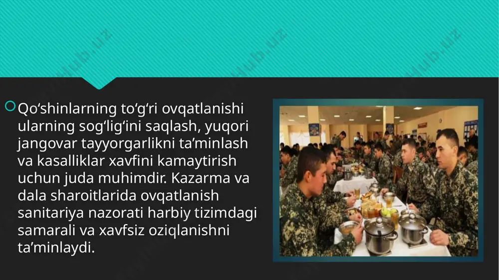 mli kasalliklarning oldini olish oziq-ovqatni noto‘g‘ri saqlash yoki tayyorlash natijasida turli infeksion kasalliklar (masalan, ovqat zaxarlanishi) tarqalishi mumkin. ushbu xavfning oldini olish uchun: yaxshi sanitariya: oshxona va idishlarni muntazam tozalash. xodimlarning tibbiy tekshiruvlari: oshpazlar va xizmat ko‘rsatuvchi xodimlar doimiy ravishda sog‘liqni tekshirishdan o‘tishlari kerak. xulosa va tavsiyalar kazarma va dala sharoitlarida ovqatlanish sanitariya nazorati muvaffaqiyatli ta’minlanishi uchun quyidagi amallarni bajarish zarur: toza va xavfsiz oziq-ovqat saqlash oshxonalar va ovqatlanish joylarida qat’iy gigiyena qoidalariga rioya qilish sanitariya xizmati tomonidan muntazam nazorat image2.jpeg image3.jpeg image4.jpeg image5.jpeg image6.jpeg image7.jpeg image8.jpeg image9.jpeg image10.jpeg image11.jpeg /docprops/thumbnail.jpeg