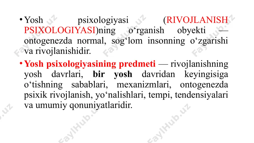 ixologiya alohida o’rin tutadi. inson shaxsining tarkib topishi va bilish jarayonlarining rivojla­nishi muammosini shaxs psixikasining taraqqiyoti qonunlarini hisobga olmay oqilona hal qilib bo’lmaydi. shuning uchun xxi asrga kelib «inson omili» masalasi dolzarb mavzuga aylandi. yosh va pedagogik psixologiya — inson psixikasining ri­vojlanish qonuniyatlari va xususiyatlari hamda shu taraqqiyotning bosqichlari to’g’risidagi fandir. yosh va pedagogik psixologiyaning asosiy vazifasi shaxsning kamol topishi qonuniyatlari va turli yosh davridagi odamlarda vujudga keladigan psixik faoliyat, holat va shart-sharoitlarning o’zaro ta’siri xususiyatlarini aniqlashdan iboratdir. yosh va pedagogik psixologiya ana shu vazifani hal etish bilan amaliy maqsadlarni ro’yobga chiqaradi: ta’lim-tarbiya ishlarini takomillashtirishga yordam beradi, moddiy ne’matlar ishlab chiqarishning samaradorligini oshirishga, millatlararo munosabatlarni yaxshilashga, shaxslararo muloqotni to’g’ri yo’naltirishga, jamoada ijobiy psixologik muhit yaratishga, uzoq umr ko’rish sirlarini ochishga, oilaviy munosabatlarni mustahkamlashga, ajralishlarning oldini olishga xizmat qiladi. modomiki shunday ekan, kamolotning turli davrlarini insonning yosh va jinsiy xususiyatlarini hisobga olmay turib, yuqoridagi vazifalarni hal qilib bo’lmaydi. mazkur psixologiya fanining …
