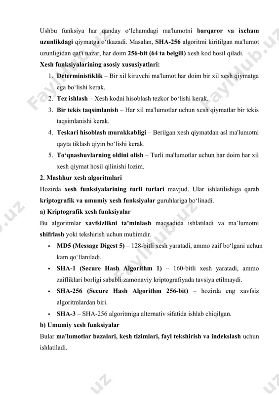 esh jadval (hash table) xesh jadval – bu kalit-qiymat (key-value) juftlari asosida ma’lumotlarni saqlash va tezkor izlash imkonini beruvchi ma’lumotlar tuzilmasi. xesh jadvallar odatda ma'lumotlar bazalari, indekslash tizimlari, kesh va lug‘atlar (dictionary) kabi sohalarda ishlatiladi. xesh jadval qanday ishlaydi? 1. kalit (key) xesh funksiyaga beriladi. 2. natijada hosil bo‘lgan indeks xesh jadvaldagi joylashuvni belgilaydi. 3. qidiruv jarayoni ham shu algoritm bo‘yicha tezkor amalga oshadi. xesh jadvallarning katta afzalligi shundaki, ma'lumotlarni o(1) murakkablikda topish imkonini beradi, ya’ni ma’lumot qanchalik katta bo‘lmasin, qidirish juda tez amalga oshiriladi. 4. xesh to‘qnashuvi (collision) va uni hal qilish usullari ba’zan har xil kalitlar bir xil xesh qiymatga ega bo‘lib qolishi mumkin. bu holat xesh to‘qnashuvi (collision) deb ataladi. to‘qnashuvni hal qilish usullari: 1. zanjir usuli (chaining) – xuddi bir xil indeksga tushgan elementlar bog‘langan ro‘yxat shaklida saqlanadi. 2. ochik adresatsiya (open addressing) – to‘qnashuv sodir bo‘lsa, bo‘sh joy qidiriladi. · linear probing – keyingi indeks …