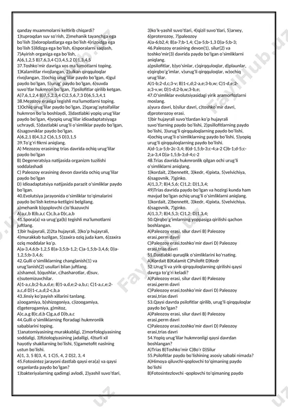 8, 5, 7 12.hisor(1) va surxon(2) davlat qo’riqxonalaridagi “qizil kitob”ga kiritilgan turlarni juftlang. a)bobrov astragali, b)tasqara, c)boltayutar, d)karaganka, g)chiyabo’ri, j)yo’rg’a tuvaloq, h)churrak, e)oq lola a)1-a,b 2-d,c b)1-a,e 2-b,d c)1-a,e 2-b,c d)1-b,e 2-g,h 13.faqat zarafshon davat qo’riqxonasida uchraydigan turlarni tanlang. a)turkiston ukkisi, b)kaklik, c)tasqara, d)sariq ilon, g)to’qay mushugi, e)suv burguti, j)jiblajibon a)a,b,c b)d,b,a c)j,e,c d)d,g,j 14. zarafshon dasht-to’qay qo’riqxonasida ko’paytiriladigan turlarni tanlang. a)karaganka, b) chiyabo’ri, c)kaklik, d)sunbul kovrak, e)turkiston maynasi, g)to’qay mushugi, j)jayra a)a,b,d,j b)g,b,j,a c)d,a,b,j d)d,j,b,e 15. ilon burgut(a), boltayutar(b) va tasqara(c) qaysi qo’riqxonalarda uchraydi? 1)kitob, 2)zarafshon, 3)surxon, 4)hisor, 5)qizilqum, 6)zomin. a)a-3;b-4,3,6;c-6 b)a-6,1;b-3,4;c-3; c)a-4;;b-5,6,3;c-4,3 d)a-6;b-,4,5,6;c-1,2 16.kitob davlat qo’riqxonasidagi faunani qaysi turlar tashkil etadi? 1)burgut, 2)botayutar, 3)tyanshan qo’ng’ir ayig’i, 4)qora laylak, 5)suv burguti. a)2,5 b)1,4 c)2,1 d)1,3 17.chotqol tog’-o’rmon biosferasi qo’riqxonasidagi turlarni tanlang. 1)ko’k sug’ur, 2)jayra, 3)karaganka, 4)qora laylak, 5)irbis 6)gornostay, 7)qobon, 8)botayutar, 9)boltatumshuq 10) taqaburun. a)10,8,7,3,2 b)7,1,2,5,6 c)3,1,10,8,9 d)4,5,6,9,10 18. qizilqum davlat qo’riqxonasidagi “qizil kitob”ga kiritilgan turlarni ajrating. 1)katta kurakburun …