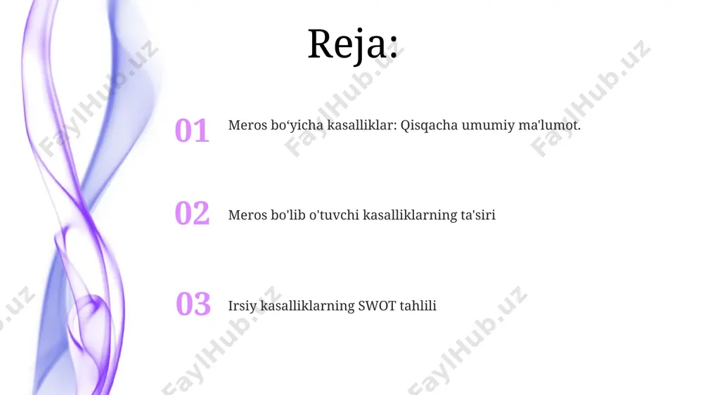 klar engil va og'ir darajada bo'lishi mumkin va turli xil tanadagi tizimlarga ta'sir qiladi. irsiy kasalliklar nima? swot tahlili: kuchli tomonlar: genetik asosni tushunish. kamchiliklar: davolash usullari cheklangan. imkoniyatlar: gen muhandisligidagi taraqqiyot. tahdidlar: genetik modifikatsiya bilan bog'liq axloqiy muammolar. meros boʻyicha kasalliklar - tezkor savollar: * meros olish turlari qanday? * genetik mutatsiyalar qanday qilib avloddan avlodga oʻtadi? * meros boʻyicha kasalliklarni davolashning mumkin boʻlgan usullari qanday? davolash variantlari va boshqarish meros bo'yicha kasalliklar: oila a'zolari tomonidan meros qilib olingan gen mutatsiyalari tufayli paydo bo'lib, turli xil sog'liqni saqlash muammolariga olib keladi. davolash variantlari va boshqaruv: alomatlarni yengillatish, kasallikning rivojlanishini boshqarish va hayot sifatini yaxshilashga qaratilgan. alomatlar va tashxis irsiy kasalliklar: oila a'zolariga o'tadigan genetik holatlar. alomatlar va tashxis: kasallik belgilari aniqlanishi va testlar orqali tasdiqlanishi. e'tiboringiz uchun rahmat @taqdimot_robot image4.jpeg image5.jpeg image6.jpeg image7.jpeg image8.jpeg image9.jpeg image10.jpeg image1.jpeg image2.jpeg image3.jpeg