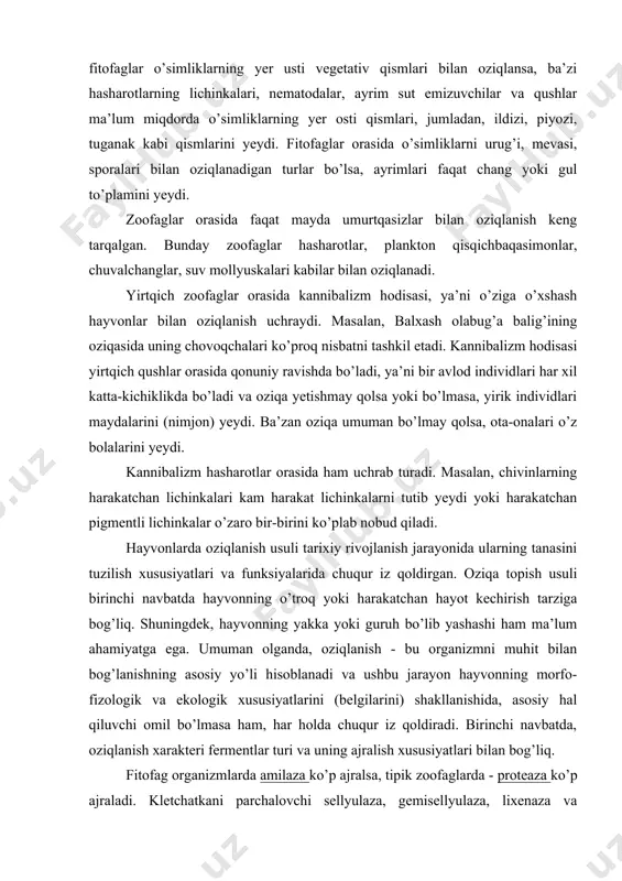 avbatda hayvonning o’troq yoki harakatchan hayot kechirish tarziga bog’liq. shuningdek, hayvonning yakka yoki guruh bo’lib yashashi ham ma’lum ahamiyatga ega. umuman olganda, oziqlanish - bu organizmni muhit bilan bog’lanishning asosiy yo’li hisoblanadi va ushbu jarayon hayvonning morfo-fizologik va ekologik xususiyatlarini (belgilarini) shakllanishida, asosiy hal qiluvchi omil bo’lmasa ham, har holda chuqur iz qoldiradi. birinchi navbatda, oziqlanish xarakteri fermentlar turi va uning ajralish xususiyatlari bilan bog’liq. fitofag organizmlarda amilaza ko’p ajralsa, tipik zoofaglarda - proteaza ko’p ajraladi. kletchatkani parchalovchi sellyulaza, gemisellyulaza, lixenaza va boshqalar ko’pgina hayvonlarda topilmagan. bunday fermentlar faqat mollyuskalardan tok shilliq qurti, dengiz shilliq qurti, ayrim qisqichbaqasimonlarda topilgan. ko’pgina hayvonlarning (umurtqasizlar va aksariyat umurtqalilar) ovqat hazm qilish sistemasida kletchatkani parchalash va hazm qilish uchun simbiont bir hujayrali hayvonlar va bakteriyalar asosiy rol o’ynaydi. ko’pgina parazit va yirtqich hayvonlarning, shuningdek, ba’zi fitofaglarning (shilliq chig’anoqli qurtlar) ajoyib xususiyatlaridan biri, ularning uzoq davom etuvchi ochlikka chidamliligidir. qiyin hazm buluvchi oziqa bilan oziqlanuvchi …