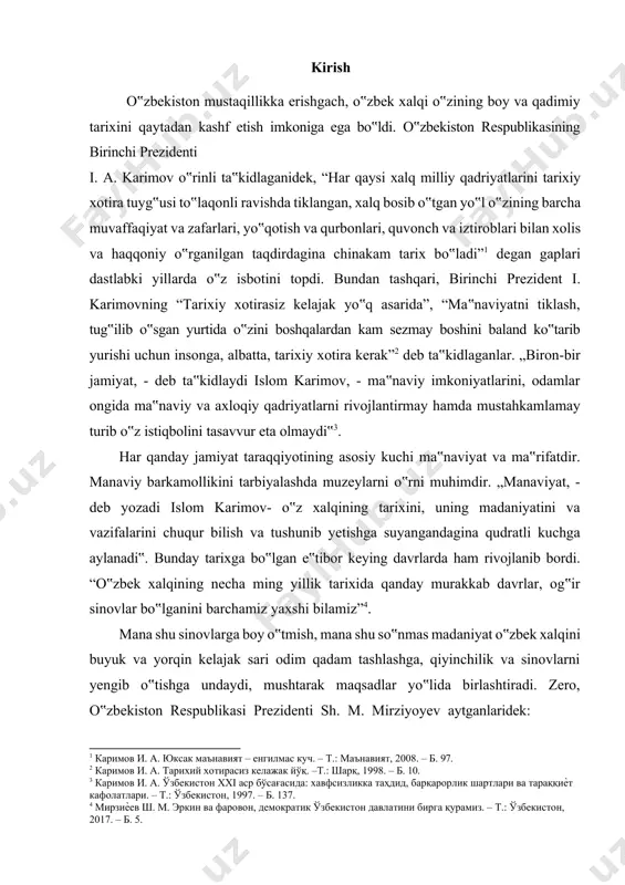 i muzey ishida huquqiy-me‟yoriy asoslarini mustahkamlash va tub o‟zgarishlar yasash, yangilarini rivojlantirishda muhim omil bo‟lib xizmat qildi. sovet davrida yig‟ilgan tariximizga oid materillarni yoritishdagi ahamiyati va tariximizga bo‟lgan munosabatni to‟g‟ri tahlil etish va bu materiallarga tayangan holda tegishli xulosalar chiqarishdan iborat. 1.farg’ona shahri tarixi va toponomikasi bugun mamlakatimizda xalqimizning tarixiy, ilmiy va madaniy merosi, ma‟naviy qadriyatlarini o‟zida asrab kelayotgan mingdan ziyod muzey faoliyat ko‟rsatmoqda. ushbu muzeylar vatanimizning rivojlanish tarixi, xalqimizning ijtimoiy-madaniy sohalarda erishgan yutuqlari haqida hikoya qiluvchi o‟ziga xos ko‟zgudir. o‟zbekiston respublikasining birinchi prezidenti i. a. karimov ta‟kidlaganidek, “muzey xalq tarixining ko‟zgusi ekanligini nazarda tutsak, u shu xalqning farzandlari – kelajak avlod qalbida faxr iftixor tuyg‟usini uyg‟ota olishi kerak. bizning vazifamiz esa buyuk tariximizni mana shunday ma‟rifiy maskanlar yordamida avlodlarimizga to‟laligicha yetkazib berishdan iborat”28. mustaqillik tufayli hayotimizning barcha sohalari kabi muzeylar faoliyatida ham ma‟naviy va siyosiy ahamiyatga ega bo‟lgan islohotlar dasturining ishlab chiqilishi, xususan, prezidentimiz i. a. karimovning „muzeylar faoliyatini …