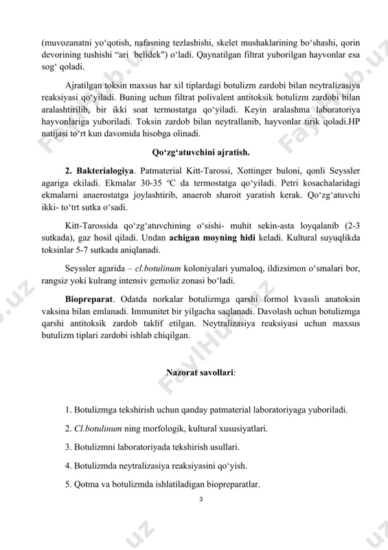 adi. toksin zardob bilan neytrallanib, hayvonlar tirik qoladi.hp natijasi to‘rt kun davomida hisobga olinadi. qo‘zg‘atuvchini ajratish. 2. bakterialogiya. patmaterial kitt-tarossi, xottinger buloni, qonli seyssler agariga ekiladi. ekmalar 30-35 oc da termostatga qo‘yiladi. petri kosachalaridagi ekmalarni anaerostatga joylashtirib, anaerob sharoit yaratish kerak. qo‘zg‘atuvchi ikki- to‘trt sutka o‘sadi. kitt-tarossida qo‘zg‘atuvchining o‘sishi- muhit sekin-asta loyqalanib (2-3 sutkada), gaz hosil qiladi. undan achigan moyning hidi keladi. kultural suyuqlikda toksinlar 5-7 sutkada aniqlanadi. seyssler agarida – cl.botulinum koloniyalari yumaloq, ildizsimon o‘smalari bor, rangsiz yoki kulrang intensiv gemoliz zonasi bo‘ladi. biopreparat. odatda norkalar botulizmga qarshi formol kvassli anatoksin vaksina bilan emlanadi. immunitet bir yilgacha saqlanadi. davolash uchun botulizmga qarshi antitoksik zardob taklif etilgan. neytralizasiya reaksiyasi uchun maxsus butulizm tiplari zardobi ishlab chiqilgan. nazorat savollari: 1. botulizmga tekshirish uchun qanday patmaterial laboratoriyaga yuboriladi. 2. cl.botulinum ning morfologik, kultural xususiyatlari. 3. botulizmni laboratoriyada tekshirish usullari. 4. botulizmda neytralizasiya reaksiyasini qo‘yish. 5. qotma va botulizmda ishlatiladigan biopreparatlar. 1