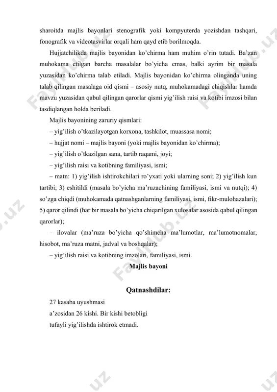 guruhda amalga oshirilgan ishlar yuzasida hisoboti, byuroning yangi o’quv yili uchun ish rejasini tasdiqlash hamda byuroning yangi tarkibini saylash. ma’ruzachi – dorf t.v. 2. guruh a’zolarining tartib-intizomi haqida. ma’ruzachi – guruh “kamolot” yih yetakchisi urcheva l.a. 3. har xil masalalar. eshitildi: guruh kasaba uyushmasi byurosining raisi t.v.dorf yig’ilish kun tartibidagi birinchi masala bo’yicha hisobot berdi. u guruh kasaba uyushmasi byurosi tomonidan o’tgan o’quv yilida guruhda amalgam oshirilgan ishlarga batafsl to’xtaldi(byuro raisi t.v.dorfning yozma hisoboti majlis bayoniga ilova qilinadi). u so’zining oxirida yig’ilish ishtirokchilarini guruh kasaba uyushmasi byurosining yangi o’quv yili uchun mo’ljallangan ish rejasi bilan tanishtirdi. shundan so’ng yig’ilish ishtirokchilari guruh kasaba uyushmasi byurosining o’tgan o’quv yili davomida amalga oshirgan ishlari yuzasidan byuro raisi t.v.dorfning hisobotini hamda byuroning yangi o’quv yili uchun mo’ljallangan ish rejsini muhokama qilishdi. so’zga chiqdi: guruh talabalari s.jitkiyevich, y.shegay, v.shkayevalar mazkur masala yuzasidan so’zga chiqishdi va hisobot haqida, byuro a’zolarining ishlari haqida o’z fikr-mulohazalarini bildirishib, byuro …