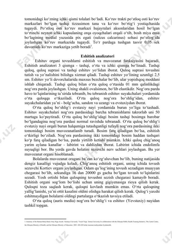 inchalik to‘r pardaning tashqi pigmentli qismiga, ichki devori esa yorug‘lik sezuvchi qismiga aylanadi. shu davrda ko‘z jomi oldida turgan ektoderma avval qalinlashadi, keyin unda gavhar chuqurchasi paydo bo‘lib, gavhar pufagiga aylanadi. homila hayotining 2 oyida ko‘z jomi ichiga mezenxima hujayralari o‘sib kirib, ko‘z jomining ichki tomonida tomirli pardani, tashqi tomonida esa fibroz pardani va qon tomirlar to‘rini hosil qiladi. fibroz pardaning oldingi qismi rangsizlanib shox pardaga aylanadi. homila hayotining 3 oyida ustki va pastki qovoqlar ektoderma burmalari holida paydo bo‘ladi. ko‘zning biriktiruvchi to‘qimali pardasi (konyunktiva) epiteliyasi ham ektodermadan taraqqiy etadi. ko‘z yoshi bezi konyunktiva epiteliysining o‘simtalaridan homila hayotining 3 oyida qovoqlarning tashqi qismida taraqqiy etadi. yangi tug‘ilgan va emizikli bolalarda ko‘z olmasi qini yupqa, ko‘z kosasining yog‘ tanachasi kam taraqqiy etgan bo‘ladi.ustki va pastki qovoqlar (palpebra superior et inferior) ko‘z olmasini old tomondan qoplab turgan teri burmalaridir. ular yopilgan vaqtda ko‘z olmasini himoya qiladi. ustki qovoqni peshona bilan chegarasida ko‘ndalang …