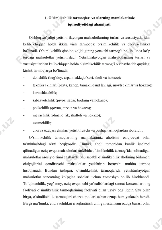 etkazib beradi. bizga ma’lumki, chorvachilikni rivojlantirish uning mustahkam ozuqa bazasi bilan ta’minlanishiga bog’liq. shu jihatdan, chorvachilikning rivoji ham o’simlikchilik tarmog’iga bevosita bog’liqdir. 2. mamlakatimizda o’simlikchilik tarmoqlarining hozirgi rivojlanish holati. mamlakatimizda qishloq xo’jaligining muhim tarmog’i bo’lgan o’simlikchilikni rivojlantirishga alohida e’tibor berib kelinmoqda. mustaqillikning ilk davrida o’simlikchilik tarkibida paxtachilik va g’allachilikka alohida e’tibor berilgan bo’lsa, 2008-yilda yuzaga kelgan jahon moliyaviy-iqtisodiy inqirozidan so’ng o’simlikchilik tarkibida sabzavotchilik, polizchilik, moyli ekinlar, bog’dorchilikni rivojlantirishga ham e’tibor berila boshlandi. ayniqsa 2017-yildan boshlab qishloq xo’jaligida ekinlar tarkibini takomillashtirish, oziqovqat ekinlari ekiladigan maydonlarni kengaytirishga e’tibor yanada kuchaydi. amalga oshirilayotgan islohotlar natijasida o’simlikchilik mahsulotlari ishlab chiqarish tarkibi ham takomillashib bormoqda. 2019-yilda mamlakatimizda qishloq, o’rmon va baliq xo’jaligi mahsuloti hajmi 224265,9 mlrd. so’m bo’lib, uning 111904,8 mlrd. so’mi yoki 49,9 foizi o’simlikchilik tarmog’ida yaratilgan (20.1-jadval). 20.1-jadval o’simlikchilik tarmog’ining asosiy ko’rsatkichlari 2016 2017 2018 2019 qishloq xo’jaligi ekinlari ekilgan maydoni, ming ga 3706,7 3474,5 3396,0 3309,4 qishloq, o’rmon va baliq xo’jaligi mahsuloti …