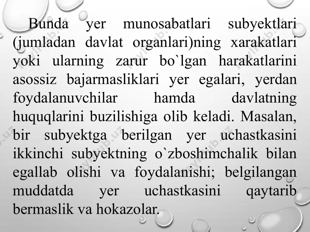 бажаришлари мумкин. бунда қилинадиган моддий харажатлар ер билан чамбарчас боғлиқ, қишлоқ хўжалигида эса ер асосий ишлаб чиқариш воситаси ҳисобанади. шу сабабли ердан фойдаланувчилар ҳуқуқининг бўзилиши, кўпгина ҳолатларда уларга моддий зарар етказиш билан келиши кўзатилади. шундай вазиятларда зарарни ундириш бўйича юзага келган низолар ер муносабатлари билан боғлиқ бўлган мулкий низолар ҳисобанади. уларга қуйидагилар киради: давлат ва жамоат эхтиёжлари учун ер участкаларини олиб қўйишда зарарларни ундириш билан боғлиқ бўлган низолар; қурилиш ва бошқа ишлар натижасида бўзилган ерларни қайта тиклаш учун ҳаражатлар қиймати бўйича низолар; ширкат хўжалиги ерларини ўзбошимчалик билан эгаллаб олиш натижасида қурилган зарарни тўлаш бўйича низолар; ер участкалари давлат ва жамоат эхтиёжлари учун олиб қўйилганда уй-жойлар бўзилгани учун ер майдони бериш билан боғлиқ низолар. ерларни ҳадя қилиш деганда ўзбошимчалик билан ер участкасини бепул (ҳақсиз) бирор шахсга ёки ташкилотга фойдаланиш учун бериш тушунилади. ерларни гаровга қўйиш деганда ўзбошимчилак билан ўз фойдаланиш ҳуқуқини кредит берувчига, бирор бир мажбуриятни бажариш учун зарур бўлган маълум …