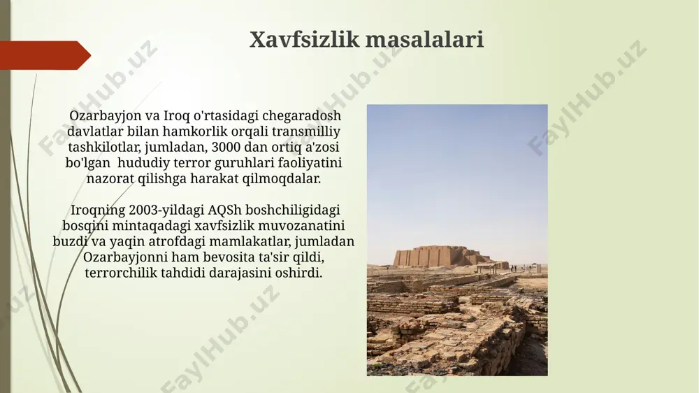 larini yaratadi, shu bilan birga bakıda neft-kimyo sanoati uchun ham keng ko'lamdagi hamkorlik istiqbollari mavjud. iiqtisodiy aloqalar 2022-yilda ozarbayjon va iroq o'rtasidagi savdo ayirboshlash hajmi 100 million aqsh dollaridan oshdi, bu asosan neft mahsulotlari va qishloq xo'jalik mahsulotlari eksporti hisobiga amalga oshirildi. iroqning basra porti orqali ozarbayjonning xəzər dənizindən neft va gaz mahsulotlarini yevropaga eksport qilish istiqboliga oid muhokamalar olib borilmoqda, bu esa mintaqaviy transport infratuzilmasini rivojlantirishga hissa qo'shishi mumkin. energiya hamkorligi ozarbayjonning xəzər dənizidəki neft-qaz yataqlaridan 2022-yilda 40 million tonnadan ortiq neft qazib chiqarishi va bu neftning bir qismi quvur orqali turkiya va keyinchalik yevropaga yetkazilishi, bu esa iroqning energiya xavfsizligi uchun muhim ahamiyat kasb etadi. bag'dod va boku o'rtasida elektr energiyasi almashinuvi bo'yicha 500 mvt quvvatga ega yangi elektr uzatish liniyasi qurish rejasi, ikki davlatning energiya infratuzilmasini modernizatsiya qilish va mintaqaviy energiya bozorini rivojlantirishga hissa qo'shadi. e'tiboringiz uchun rahmat @taqdimot_robot image1.jpg image2.jpg image3.jpg image4.jpg image5.jpg image6.jpg image7.jpg image8.jpg …