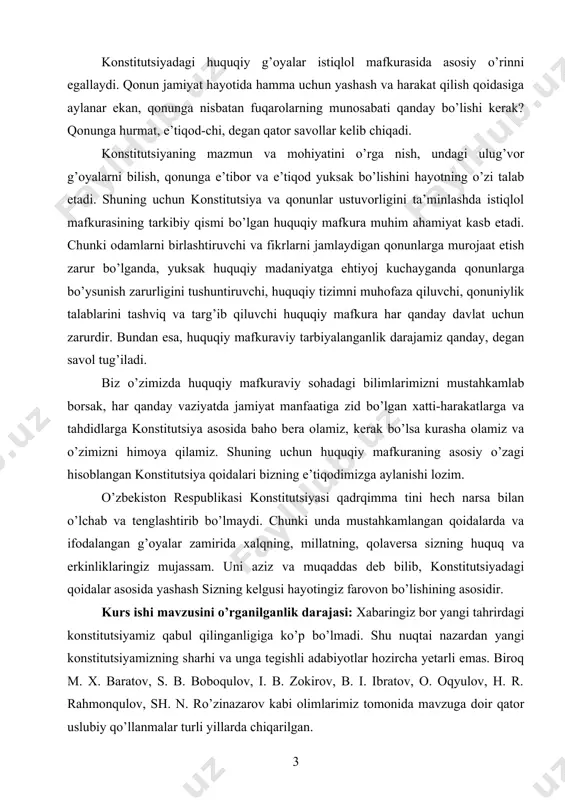 ma tini hech narsa bilan o’lchab va tenglashtirib bo’lmaydi. chunki unda mustahkamlangan qoidalarda va ifodalangan g’oyalar zamirida xalqning, millatning, qolaversa sizning huquq va erkinliklaringiz mujassam. uni aziz va muqaddas deb bilib, konstitutsiyadagi qoidalar asosida yashash sizning kelgusi hayotingiz farovon bo’lishining asosidir. kurs ishi mavzusini o’rganilganlik darajasi: xabaringiz bor yangi tahrirdagi konstitutsiyamiz qabul qilinganligiga ko’p bo’lmadi. shu nuqtai nazardan yangi konstitutsiyamizning sharhi va unga tegishli adabiyotlar hozircha yetarli emas. biroq m. x. baratov, s. b. boboqulov, i. b. zokirov, b. i. ibratov, o. oqyulov, h. r. rahmonqulov, sh. n. ro’zinazarov kabi olimlarimiz tomonida mavzuga doir qator uslubiy qo’llanmalar turli yillarda chiqarilgan. kurs ishining maqsadi. o’zbekiston respublikasi oliy majlisining konstitutsiyaviy asoslarini oʻrganish. kurs ishining maqsadiga muvofiq quyidagi vazifalari: - o’zbekiston respublikasi oliy majlisi tizimini nazariy jihatdan tahlil qilish va xulosalar chiqarish; - o’zbekiston respublikasi oliy majlisining vakolatlarini oʻrganish; - o’zbekiston respublikasi oliy majlisining eski va yangi konstitutsiyamizda ifodalanishidagi farqlarni o’rganish. kurs ishining …