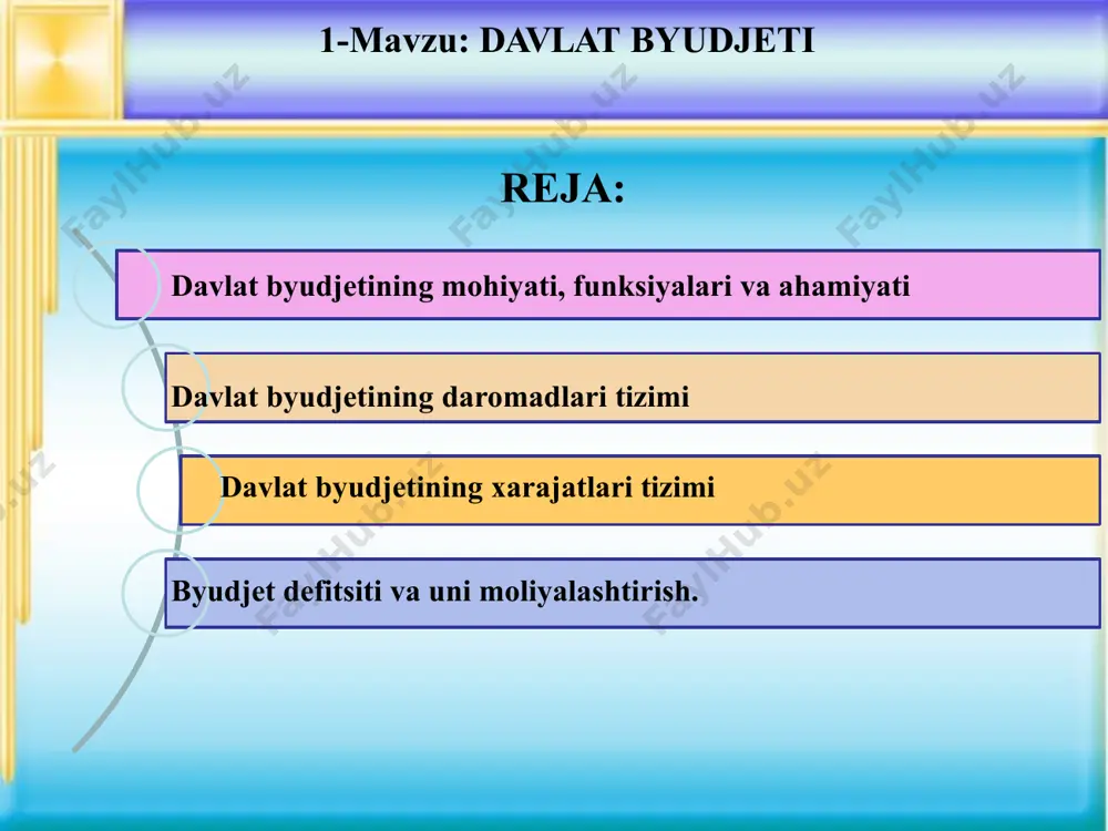 dlari tizimi byudjet daromadlarining asosiy qismi soliqlar yordamida byudjetga undiri- lishi tufayli ularga nisbatan bu jarayonda quyidagi prinsiplardan foydalaniladi: soliqlarning byudjetga undirilishi mamlakat milliy daromadi va milliy boyligi manbalarining tugashiga olib kelmasligi; soliqlar ularni to‘lovchilar o‘rtasida teng (adolatli) taqsimlanishi; soliqlarning ishlab chiqaruvchilar aylanma fondlari hajmiga salbiy ta’sir ko‘rsatmasligi; soliqlarning sof daromadga nisbatan hisoblanishi; davlat uchun soliqlarning undirilishi iloji boricha arzonroq bo‘lishi; soliqlarning undirilish jarayoni xususiy sektorni siqib chiqarmasligi. soliqlar va boshqa majburiy to‘lovlarning turlari umumiy tartibda to‘lanadigan soliqlar soddalashtirilgan tartibda to‘lanadigan soliqlar boshqa majburiy to‘lovlar yuridik shaxslardan foyda solig‘i; jismoniy shaxslardan da- romad solig‘i; qo‘shilgan qiymat solig‘i; aksiz solig‘i; yer qa’ridan foydalanuvchilar uchun soliqlar va maxsus to‘lovlar; suv resurslaridan foyda- langanlik uchun soliq; mol-mulk solig‘i; yer solig‘i; benzin, dizel yoqilg‘isi va gaz uchun soliq. yagona soliq to‘lovi; yagona yer solig‘i; tadbirkorlik faoliyatining ayrim turdagi tovarlar bilan chakana savdo qilish va ayrim turdagi xizmatlarni ko‘rsatish huquqi uchun yig‘im davlat boji; bojxona …