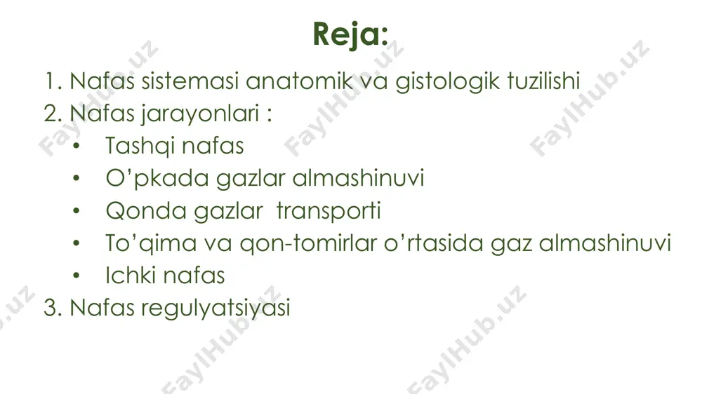 chi muskullar : • trapetsiyasimon • rombsimon • ko’krakni ko’taruvchi muskullar ekspiratsiya tashqi nafasda : • o’pkaning elastikligi chuqur nafasda : • ichki qovurg’alararo • qorinning qiyshiq , ko’ndalang , to’g’ri muskullari • umurtqani bukuvchi muskul nafas jarayonlari qisqacha mexanizmi tinch holatda ● nafas olish – aktiv ● nafas chiqarish – passiv 1. inspirator muskullar qisqaradi → ko’krak qafasi kengayadi → intraplevral bosim ↓ 2. intraplevral bosim ↓ → o’pkaning kengayishi (shishi) ga yordam beradi 3. o’pkaning kengayishi → intrapulmonary bosim ↓ → havo so’rib olinadi 4. inspiratsiya tugagach muskullar qisqarishdan to’xtaydi 5. muskul qisqarishining to’xtashi → o’pkaning elastic tortilishi → intrapulmonary bosim ↓ → havo siqib chiqariladi nafas jarayonlaridagi bosim o’zgarishlari 1. intraplevral bosim 2. alveolar bosim plevra bo’shlig’i bosimi – o’pka va ko’krak qafasi bo’shlig’i 2 qavat seroz parda – plevra bilan qoplangan. – shu qavatlar orasidagi bo’shliq – plevra bo’shlig’i plevra bo’shlig’i bosimi – pplevra patm bo’lganda …