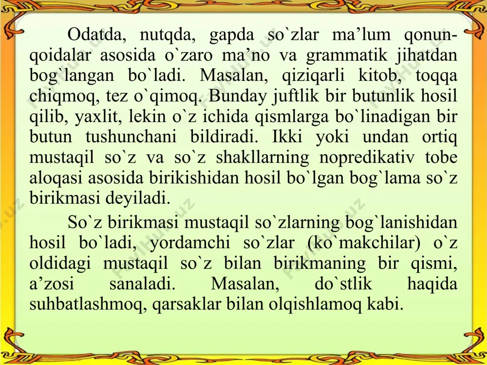 masi tushuncha ifodalab gap fikr bildirib nominativ (nomlash, atash) vazifasini bajaradi kommunikativ (aloqa qilish) vazifalarini bajaradi. kognitiv (fikr almashish) vazifalarini bajaradi. so`z birikmalarining tasnifi so`z birikmalari quyidagi xususiyatlari asosida tasnif qilinadi: 1. so`z birikmalari qismlarining grammatik tabiatiga ko`ra. 2. so`z birikmalarining tuzilishiga ko`ra. so`z birikmalari qismlarining grammatik tabiatiga ko`ra tasnif qilinganda, hokim a’zoning qaysi so`z turkumidan ekanligi, tobe a’zoning sintaktik vazifasi asosga olinadi. образец текста второй уровень третий уровень четвертый уровень пятый уровень mustaqil so’z birikuvi 2 ko’rinishda barqaror birikuv (turg’un) nutqiy birikuv (erkin) образец текста второй уровень третий уровень четвертый уровень пятый уровень erkin bog’lanish usullari teng bog’lanish tobe bog’lanish образец текста второй уровень третий уровень четвертый уровень пятый уровень so’z birikmasi tarkibi bosh so’z ergash so’z образец текста второй уровень третий уровень четвертый уровень пятый уровень so’z birikmasining birikish usulari boshqaruv bitishuv moslashuv 5) modal so`zli birikma. 2) fe’lli birikma; so`z birikmalari hokim qismning qaysi so`z turkumidan ekanligiga …