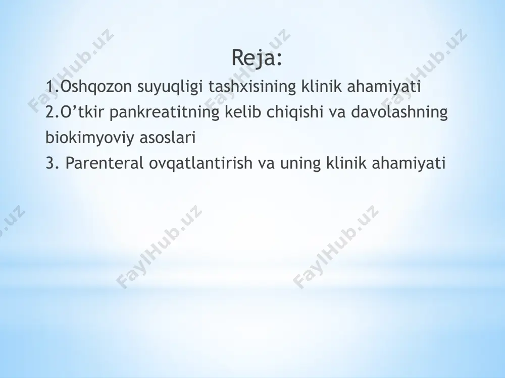 . bundan tashqari, ayrim bir hujayralilar (mas, tufelka)da oziq kiradigan (ogʻiz, halqum) va oziq qoldiqlari chiqadigan maxsus teshikchalar ham boʻladi. tuban koʻp hujayralilar (mas, gʻovaktanlilar, boʻshliqichlilar, ichaksiz turbellariyalar)da oziq maxsus hujayralar ichida hazm boʻladi. umurtqasiz hayvonlar ovqat hazm qilish sistemasi q.s. juda xilma-xil oshqozon yarasi (lot. ulcus gastrica) — oshqozon shilliq qavatida trofik buzilishlar sodir bo’ladigan surunkali kasallik. oshqozon yarasi ko’pincha 20-50 yoshli erkaklarda kuzatiladi. kasallik bahor va kuz fasllarida tez-tez qaytalanishii bilan tavsiflanadi. oshqozon yarasi sababi, odatda, odamning asab tizimini kuchlantiradigan stresslar bo’lib, u o’z navbatida oshqozon-ichak trakti mushaklarining va qon tomirlarining spazmlarini keltirib chiqaradi. natijada oshqozonning qon bilan ta’minlanishi buziladi va oshqozon sharbati shilliq qavatga salbiy ta’sir ko’rsata boshlaydi, bu me’da yaralari paydo bo’lishiga olib keladi pankreatit (lot. pancreatitis, qad.-yun. πάγκρεας — me’da osti bezi + -itis — yallig’lanish)- oshqozon osti bezi yallig’lanishi kuzatiladigan kasalliklar va sindromlar guruhidir. klinik tasvirga qarab, o’tkir va surunkali pankreatit shakllari ajratiladi. pankreatitning …