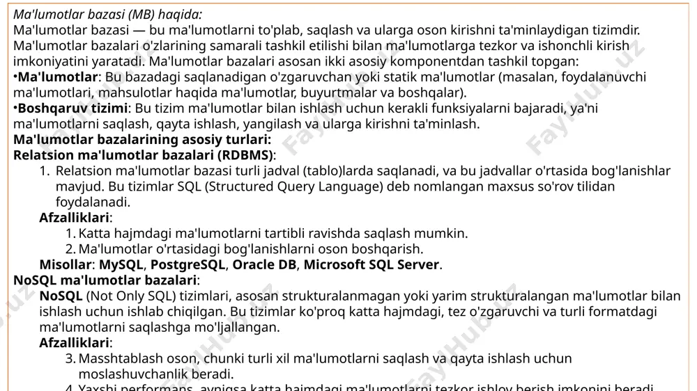 agi, tez o'zgaruvchi va turli formatdagi ma'lumotlarni saqlashga mo'ljallangan. afzalliklari: masshtablash oson, chunki turli xil ma'lumotlarni saqlash va qayta ishlash uchun moslashuvchanlik beradi. yaxshi performans, ayniqsa katta hajmdagi ma'lumotlarni tezkor ishlov berish imkonini beradi. 1. relatsion ma'lumotlar bazalari (rdbms) xususiyat rdbms (relatsion) struktura ma'lumotlar jadval shaklida (tablolar) saqlanadi. ma'lumotlar turlari odatda strukturalangan ma'lumotlar (raqamlar, matn, sana va boshqalar). bog'lanishlar jadval o'rtasida foreign key (chet el kalitlari) orqali bog'lanishlar mavjud. so'rovlar tili sql (structured query language) ishlatiladi. masshtablash odatda "vertikal masshtablash" (yangi resurslar qo'shish orqali). katta hajmli ma'lumotlar uchun sekinlashishi mumkin. afzalliklari - to'liq normalizatsiya va ma'lumotlarni yaxlit saqlash. - katta tashkilotlar va murakkab so'rovlar uchun samarali. kamchiliklari - noqonuniy yoki yarim strukturalangan ma'lumotlar bilan ishlashda qiyinchiliklar. - masshtablashda cheklovlar bo'lishi mumkin. 2. nosql ma'lumotlar bazalari xususiyat nosql struktura strukturalanmagan, yarim strukturalangan yoki o'zgaruvchan formatdagi ma'lumotlar (masalan, json, key-value, kolonna) saqlanadi. ma'lumotlar turlari odatda strukturasi moslashuvchan bo'lgan ma'lumotlar (masalan, json hujjatlari …