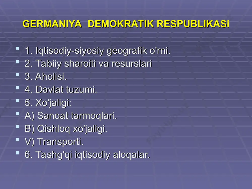 qilish bo'yicha dunyoda oldingi o'rinlardan birini egallaydi. gfr dagi barcha yirik sanoat kompaniyalari transmilliy korporasiyalar hisoblanadi. (daimler-benz, volkswagen, siemens, hoechst, bayer). energetika sanoati o'zining yoqilg'iga bo'lgan ehtiyojining yarmidan ortig'ini import hisobiga ta'minlaydi. germaniya yoqilg'i-energetika balansida neft va tabiiy gaz muhim rol o'ynaydi. ko'mir hissasi esa 30 foizni tashkil etadi. neft mamlakatga neft quvurlari va tankerlar orqali shimoliy dengiz, rossiyadan, afrika mamlakatlari (nigeriya, liviya) va fors qo'ltig'i mamlakatlaridan tashib keltiriladi. neftni qayta ishlash zavodlari mamlakat bo'ylab bir tekis joylashgan bo'lib, uning gamburg, kyoln, karlsrue, ingolshtadt, shvedt kabi yirik markazlari ishlab turibdi. transport tarmoqlari. germaniya transporti yo'llarining zichligi bo'yicha dunyoda oldingi o'rinlardan birini egallaydi. mamlakatning asosiy transport turini temir yo'llar tashkil etadi. temir yo'llarning umumiy uzunligi 44 ming km atrofida bo'lib, shundan jami temir yo'llarning qismi elektrlashtirilgan. jami tashiladigan yuk aylanmasida avtomobil transportining hissasi 60 foizni, temir yo'l transportiga 20 foiz, daryo transportiga 15 foiz to'g'ri keladi. yo'lovchi tashish aylanmasida esa avtomobil …