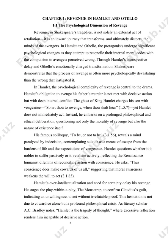 tion. his relationships with ophelia and his mother gertrude deteriorate, and by the final act, hamlet seems resigned to fate rather than justice—“let be,” he says, accepting the duel with laertes as destiny (5.2.220). the revenge, when it finally occurs, is nearly incidental to the philosophical journey hamlet undergoes. ultimately, his psychological disintegration underscores shakespeare’s skepticism toward the redemptive power of revenge. in othello, the psychological portrait of revenge is shaped not by delay, but by manipulation and emotional vulnerability. unlike hamlet, othello does not begin with a desire for revenge. he is a noble general, confident in his love for desdemona and secure in his reputation. however, his tragic descent begins when iago, driven by his own motives of revenge and envy, begins to exploit othello’s insecurities. iago’s manipulation is subtle but devastating. by planting the idea of desdemona’s infidelity, he preys on othello’s fears of being an outsider—racially, …