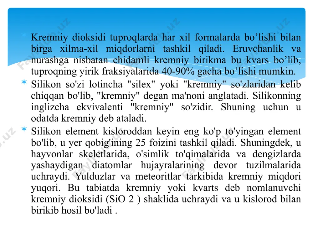 ilar chizishda, ftoridlar olishda, erituvchi va reagent sifatida ishlatiladi. kremniyning vodorod bilan birikmalari ham uglerod birikmalariga o‘xshaydi, ya’ni ch4 (metan) va sih4. bu birikmaga (sih4) silan deyiladi. bu monosilan (sih4), disilan (si2h6) va ba'zi yuqori darajadagi kremniy-vodorod birikmalarini o'z ichiga olgan bir qator birikmalar uchun umumiy atama. bu rangsiz, hidsiz, gaz bo‘lib, havoda o‘z-o‘zidan yonadi. sih4 + o2 → sio2 + 2h2o uglevodorodlardan o‘zlarining turg‘unligi past, ya’ni kamligi bilan farq qiladigan disilan si2h6 va trisilan si3h8 kabi kremniyli birikmalar mavjud. agar uglevodorodlarda c-h bog‘lanishdagi energiya 413 kdj. mol.-1 bo‘lsa, si-h holatdagi energiya 225 kdj. mol-1 shuning uchun ham silanlar tez hatto uy sharoitida oksidlanadi. kremniy uglerod kabi si-si-si zanjir hosil qiladi, lekin qo‘sh bog‘, uchlamchi bog‘larni hosil qilmaydi. bu kremniyni ugleroddan keskin farqlaridan biri, bunga sabab si dagi elektronlar sonining ko‘pligidir. si-si bog‘lanish energiyasi c-c bog‘lanish energiyasidan 2 barobar kichik. lekin si-o va c-o bog‘lardagi energiya o‘zaro yaqin, ya’ni 369 …