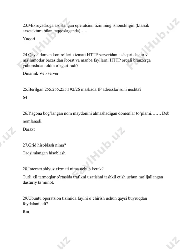 oydalaniladi? is-x 56. ubuntu fayl hajmi bo’yicha saralash uchun qanday buyruqlardan foydalaniladi? is-s 57.oqimlarni rejalashtirish quyidagi vazifalarni hal qilish o’z ichiga oladi? yangi oqimni bajarish uchun ishga tushirish,o’zgartirilishi kerak bo’lgan joriy kontekstini saqlash 58.kompyuter operatsion tizimi-bu ……… foydalanuvchining kompyuterga tizimi bilan o’zaro aloqasini ta’minlaydigan,shuningdek,kompyuter tiziming resurslarini boshqaradigan apparat-dasturiy kompleks 59.tashqi xotiradan foydalanadigan xotirani taqsimlash algoritmi tanlang: sahifani bo’limlar 60.broadcast ip manzilni ko’rsating? 172.16.13.255 61.unix operatsion tizimida fayl nomini maksimal uzunligi qancha? 255 62.osi etalon modelining birinchi pog’onasi qanday nomlanadi? fizik 63.operatsion tizimda maqomidagi foydalanuvchilar qanday imkoniyatga ega? fayllarni ochish 64.hisoblash jarayoni bir nechta protsessorli tizimlarda teshkil etish usuli qanday nomlanadi? ko’p protsessorli qayta ishlash 65.qaysi protokol gipermatnni ikkita kompyuter o’rtasida uzatish uchun mo’ljallangan? http 66.qaysi elektron pochta agenti qabul qilingan electron pochta xabarlarini ko’rsatadigan va electron pochta xabarlariga javob berish,yaratish,yo;nalishni ta’minlaydigan foydalanuvchi interfeysini taqdim etadi? mua(matnli user agent) 67.berilgan 255.255.255.240/28 maskada ip adrelar nechta? 16 68.agar kodlar va ma’lumotlar bilan …