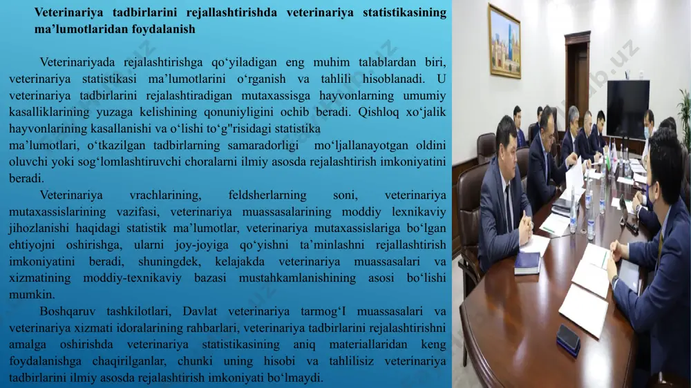 iyalash usuli bilan tekshiriladi. xo‘jalikdan chiqariladigan va xo‘jalikka keltiriladigan mollar oldingi tekshirish va uning natijasidan qat’iy nazar yangidan tekshiriladi. yirik shoxli mollarda tuberkulinizatsiya ikki oylik yoshidan boshlab bir marotaba teri ichkarisiga yuborish usuli bilan tashkillashtiriladi, sigir va naslli buqalar esa ikki marotaba bahorda va kuzda tekshiriladi. yangidan kelib tushadigan mollar oldini oluvchi karantinda turgan davrida tekshiriladi. xo‘jalikdagi barcha katta yoshdagi parrandalar, inkubatsiya uchun etkaziladigan tuxumlar yiliga bir marotaba tuberkulyoz (sil) va pullorozga tekshirilishi kerak. barcha katta yoshdagi yirik shoxli mollar, ona-cho‘chqalar, sovliqlar sog‘lom xo‘jalikdagi hamma naslli erkak mollar serologic va allergik usullar bilan brutsellyozga tekshiriladi. ona guruhdagi parrandalar qon tomchi reaksiyasini qo‘yish yo‘li bilan pullorozga tekshiriladi. hamma kelib tushadigan buqalar, sigirlar, qochiriladigan yoshdagi tanalar eng kamida 3 marotaba 10 kun oralatib, nasldor buqalar har chorakda trixomonozga (qochirish kasalligi) tekshiriladi. sun’iy qochirish stansiyalaridagi, urug‘chilik korxonalaridagi nasldor buqalar 6 oyda vibriozga tekshirib turiladi. leykoz (oq qon kasalligi)ga shubha qilinadigan bo‘isa, gematologik usulda …
